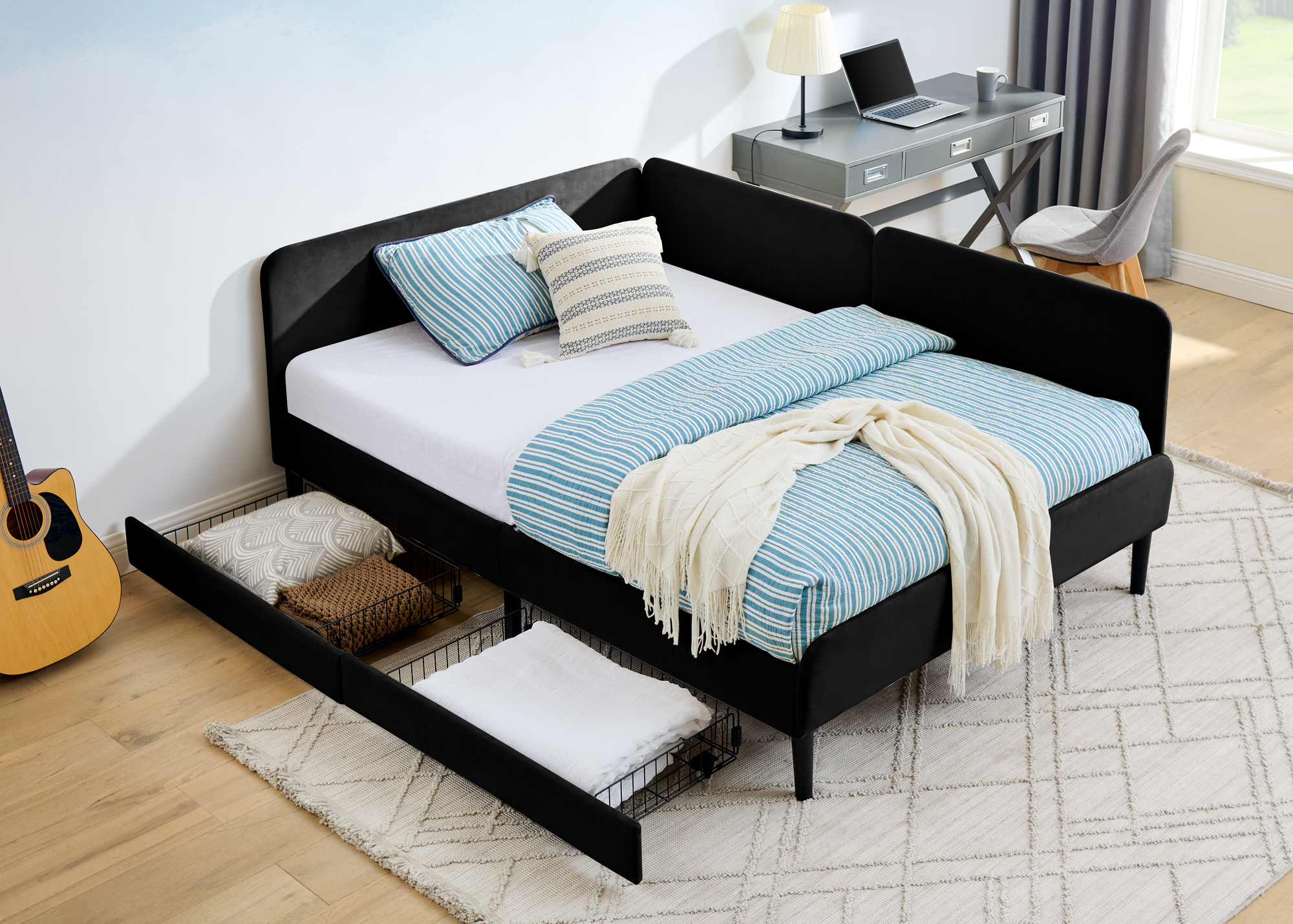Full Size Upholstered Platform Bed Frame with 2 Storage Drawers, Adjustable Velvet Sofa Bed, Black