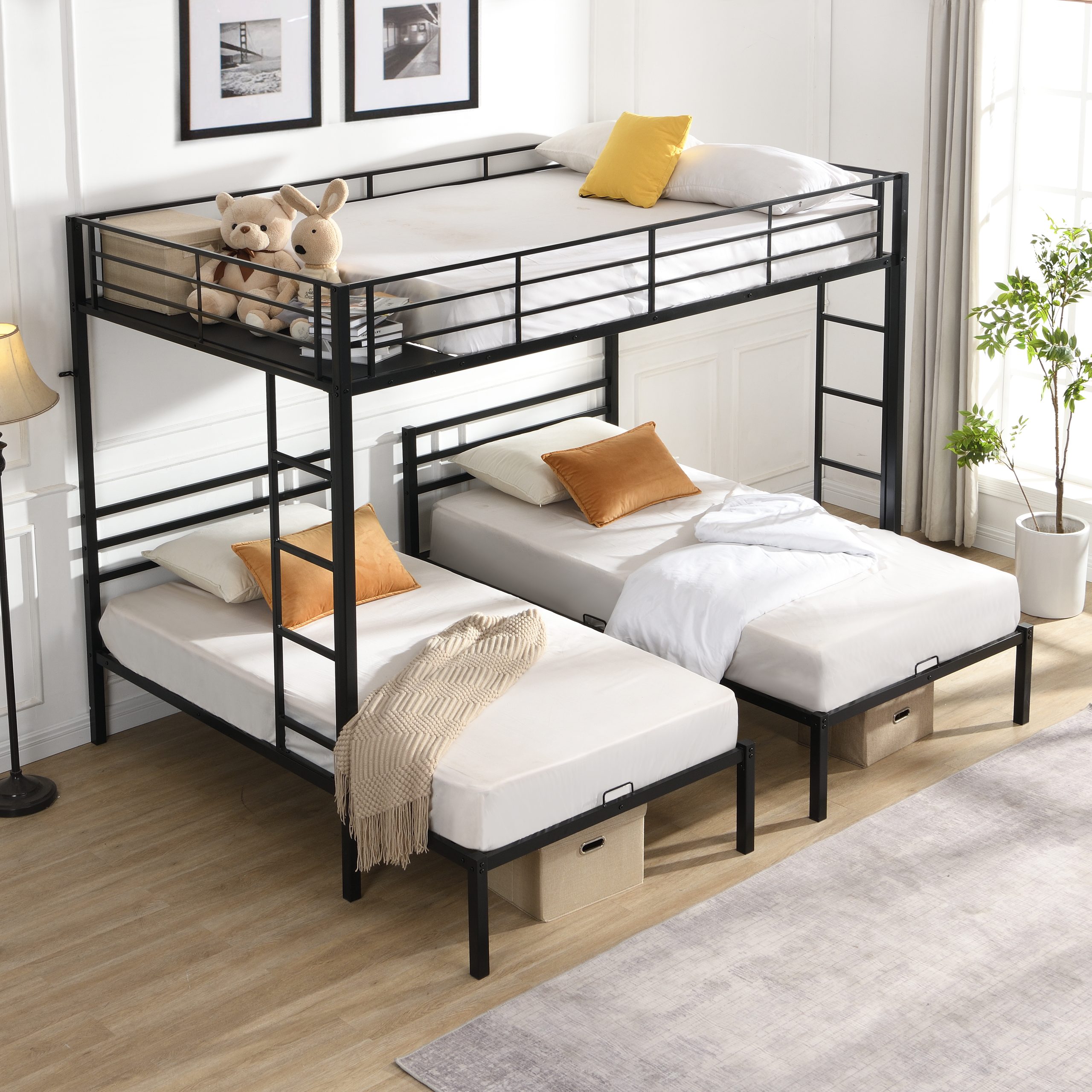 Full Over Twin Over Twin Bunk Bed ,Triple Bunk Bed With a vertical ladder, Metal Frame Bunk Bed with Safety Rail, Full Over Twin Over Twin Triple Bunk