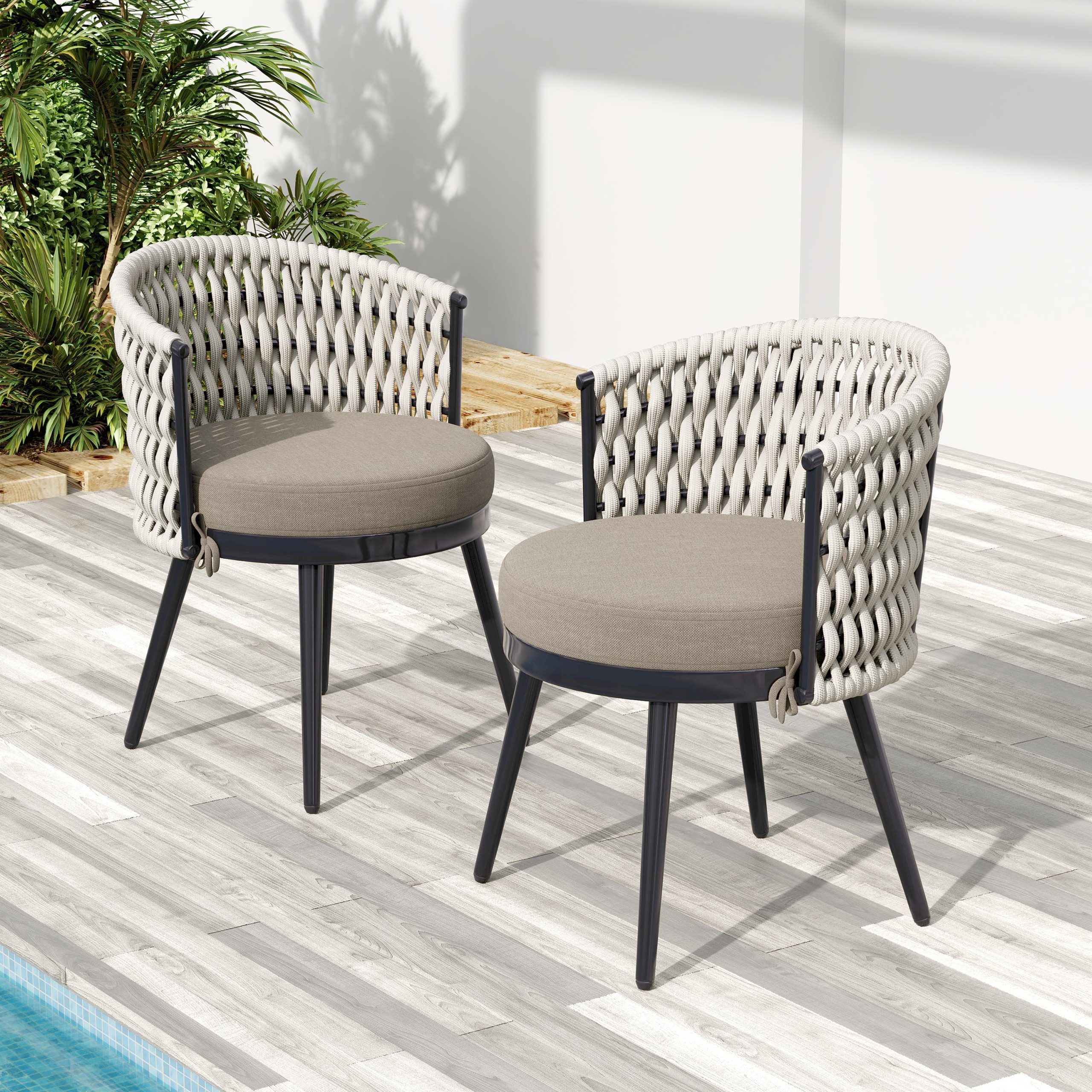 Outdoor Dining Chair-Metal & Beige Rope with Khaki Cushion Patio Furniture,Weather-Resistant Patio Chairs with Cushions,MP2(set of 2)