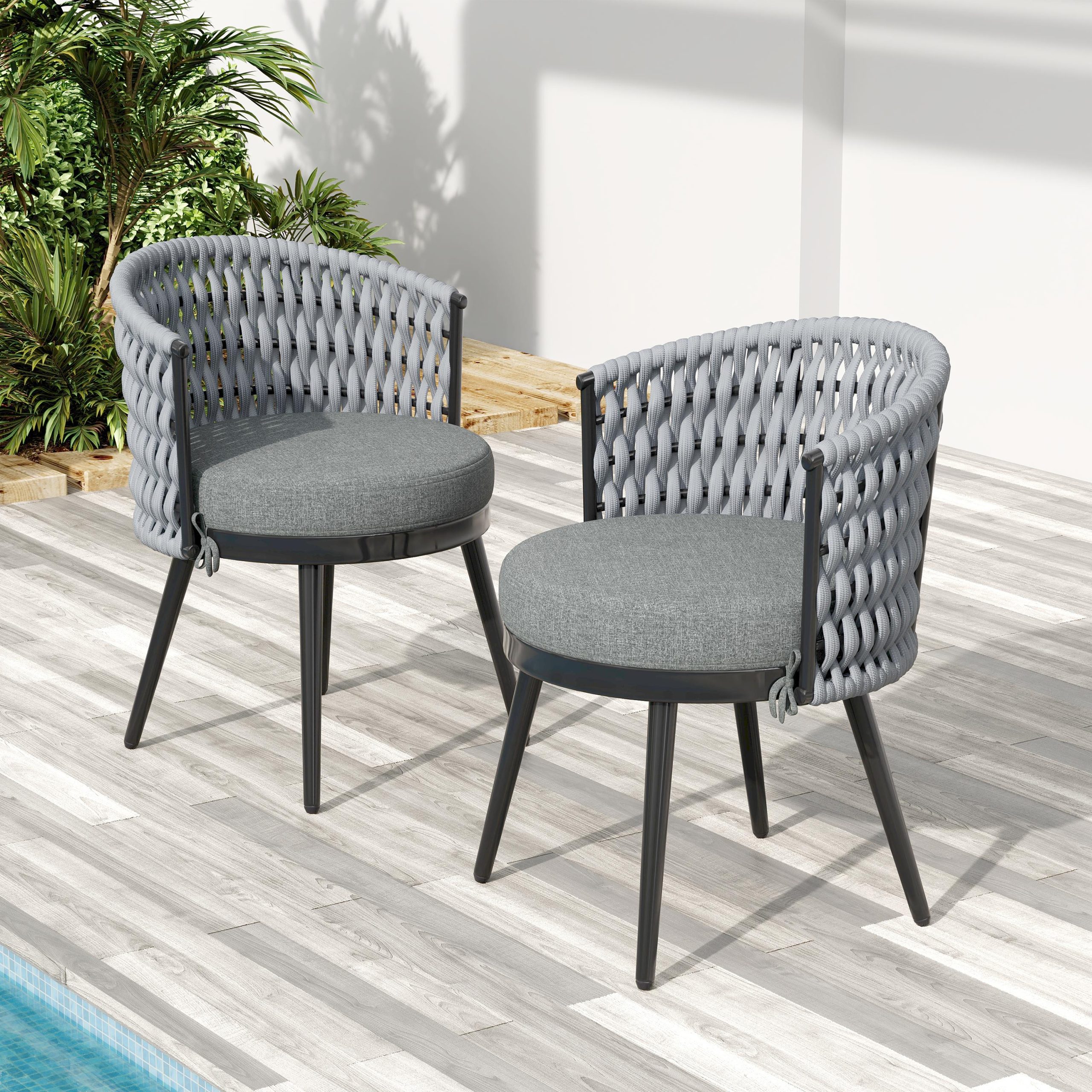 Outdoor Dining Chair-Metal & Rope with Light Gray Cushion Patio Furniture,Weather-Resistant Patio Chairs with Cushions,MP2(set of 2)