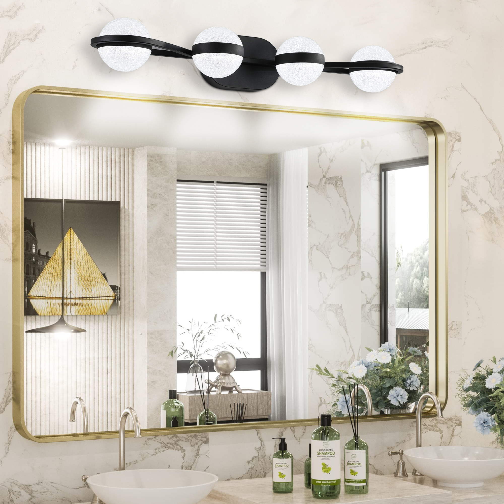 (Same as W1340P143677/L2001-B-4) 30″ Black Minimalist LED Bathroom Vanity Light with Crystal Sand Acrylic Shades, 4-Light Wall Mounted Decorative Lighting Fixture, Suitable for Bathroom Vanity Mirror