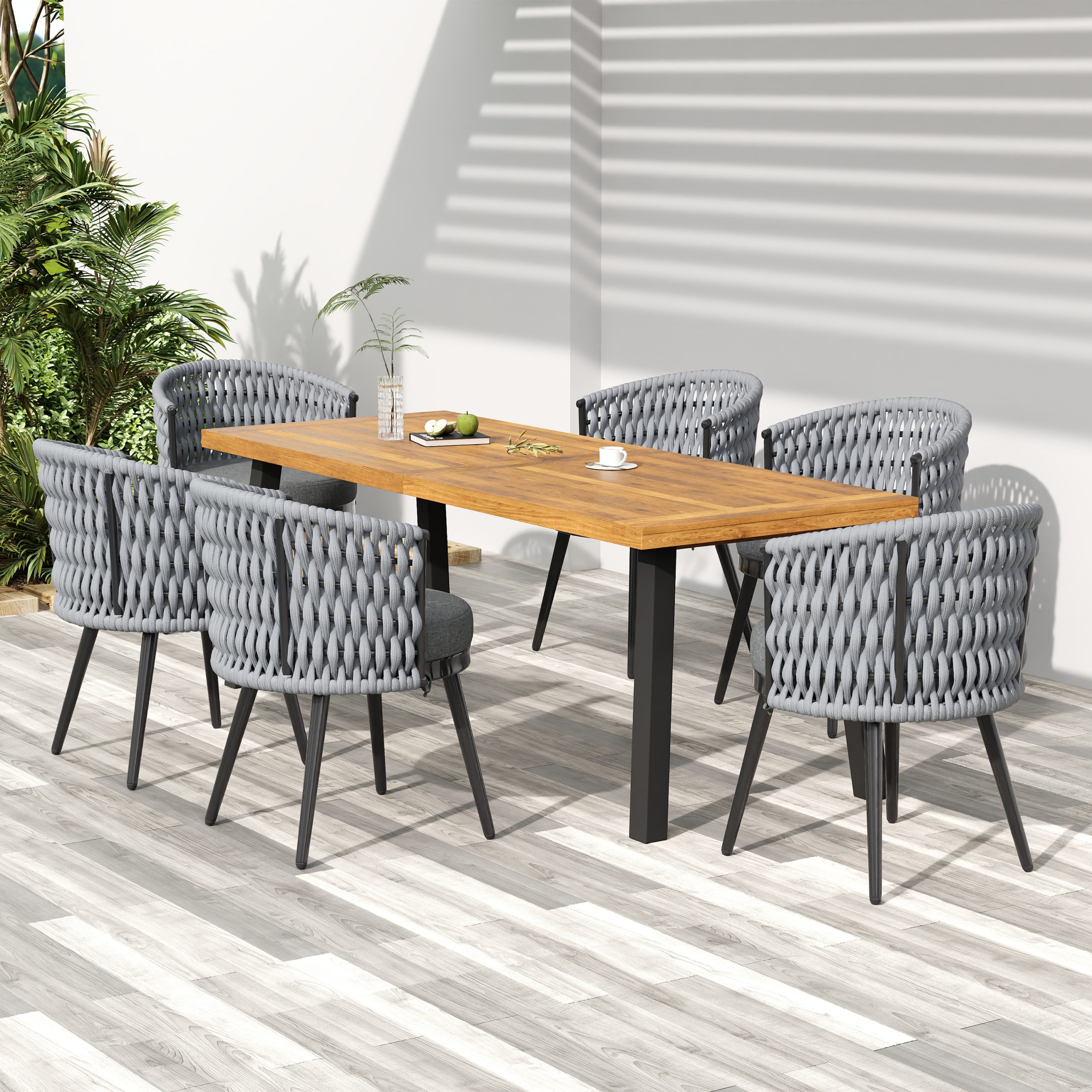 Outdoor Dining Set – Premium Acacia Wood Dining Table & Rope Chairs With Light Gray Cushion for Comfortable Dining Experience,Suitable for large gatherings(1 Table + 6 Chairs)