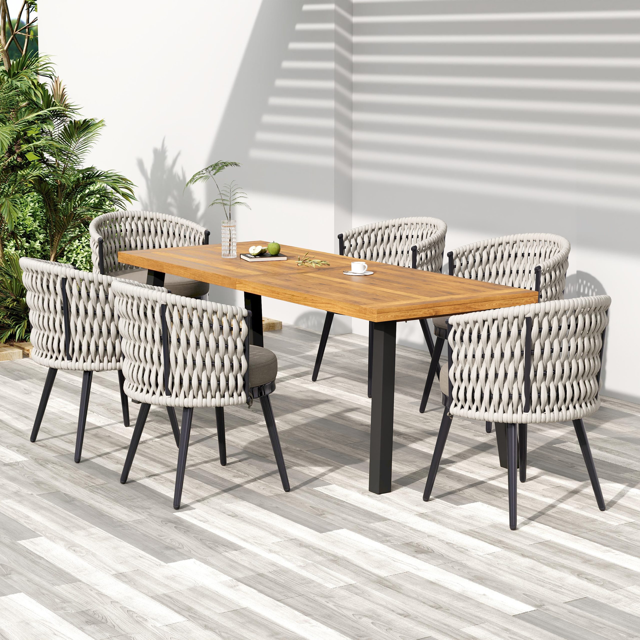 Outdoor Dining Set – Premium Acacia Wood Dining Table & Rope Chairs With Beige Cushion for Comfortable Dining Experience,Suitable for large gatherings(1 Table + 6 Chairs)