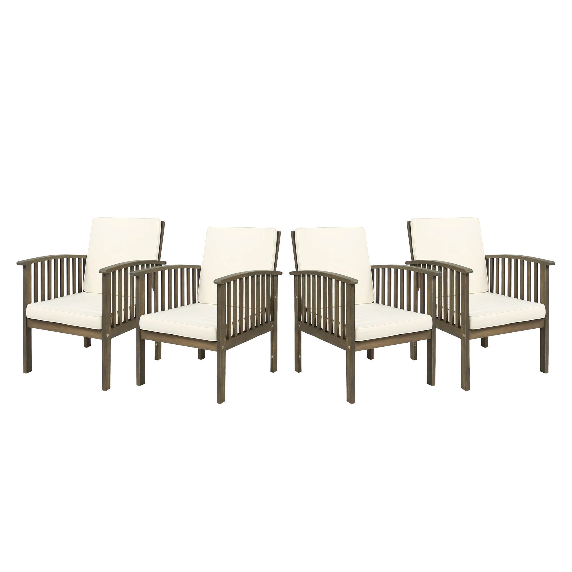 Outdoor Acacia Wood Chairs Set of 4, Heavy-Duty Dining Armchairs, Farmhouse Style Grey Finish Seating Furniture (With Cream Cushion)for Patio, Deck, Yard, Balcony, Garden