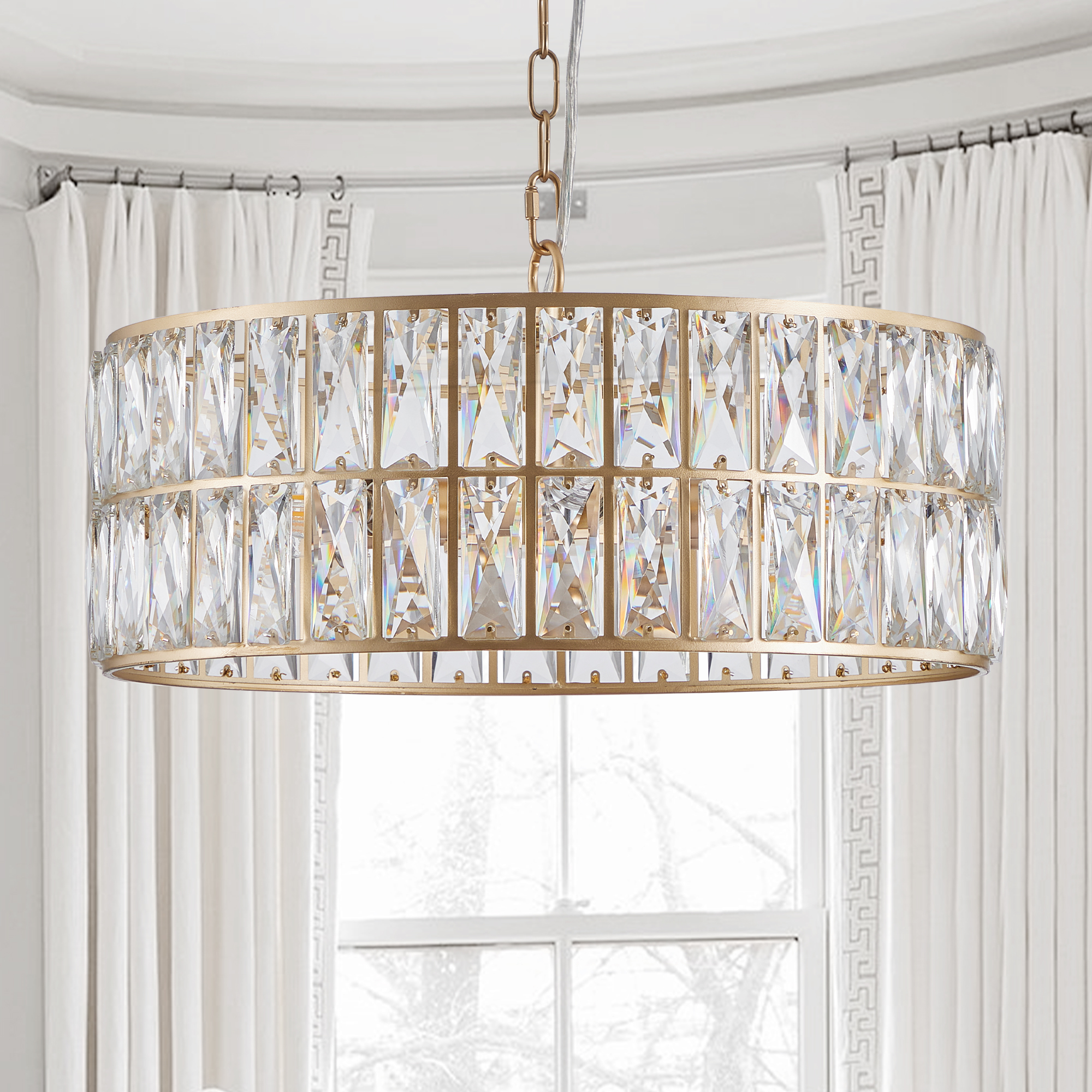 (L5025-450-G/W1340P189450)18″ Golden Modern Crystal Drum Chandelier, 6-Light Pendant Lighting Fixture with Metal Frame for Living Room, Dining Room, and Bedroom (Bulbs Not Included)