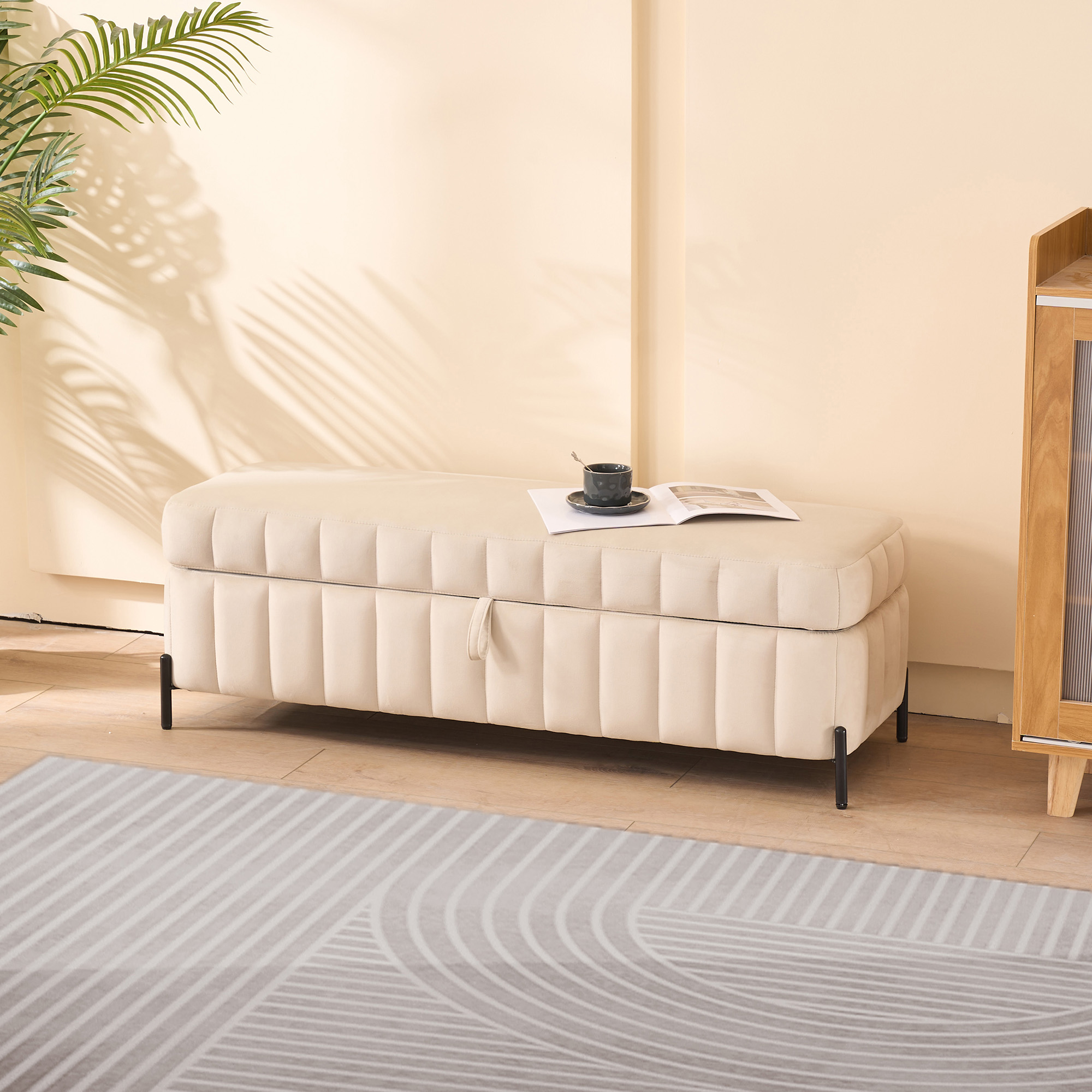 49.21″ Wide Upholstered Velvet Storage Soft Bench Footstool Ottoman End of Bed with Metal Legs, Foot Rest for Living Room, Entryway and Bedroom. Beige