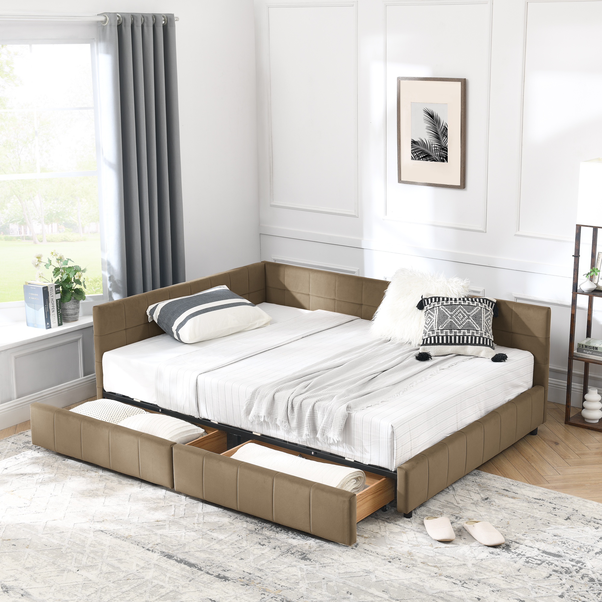 Full Size Storage Upholstered Tufted Bed Frame, Sofa Bed Frame with Comfortable Backrest and Armrests, Full Size Bed for Bedroom, Living Room,Velvet, BROWN(80.5”*59”*29.5”)