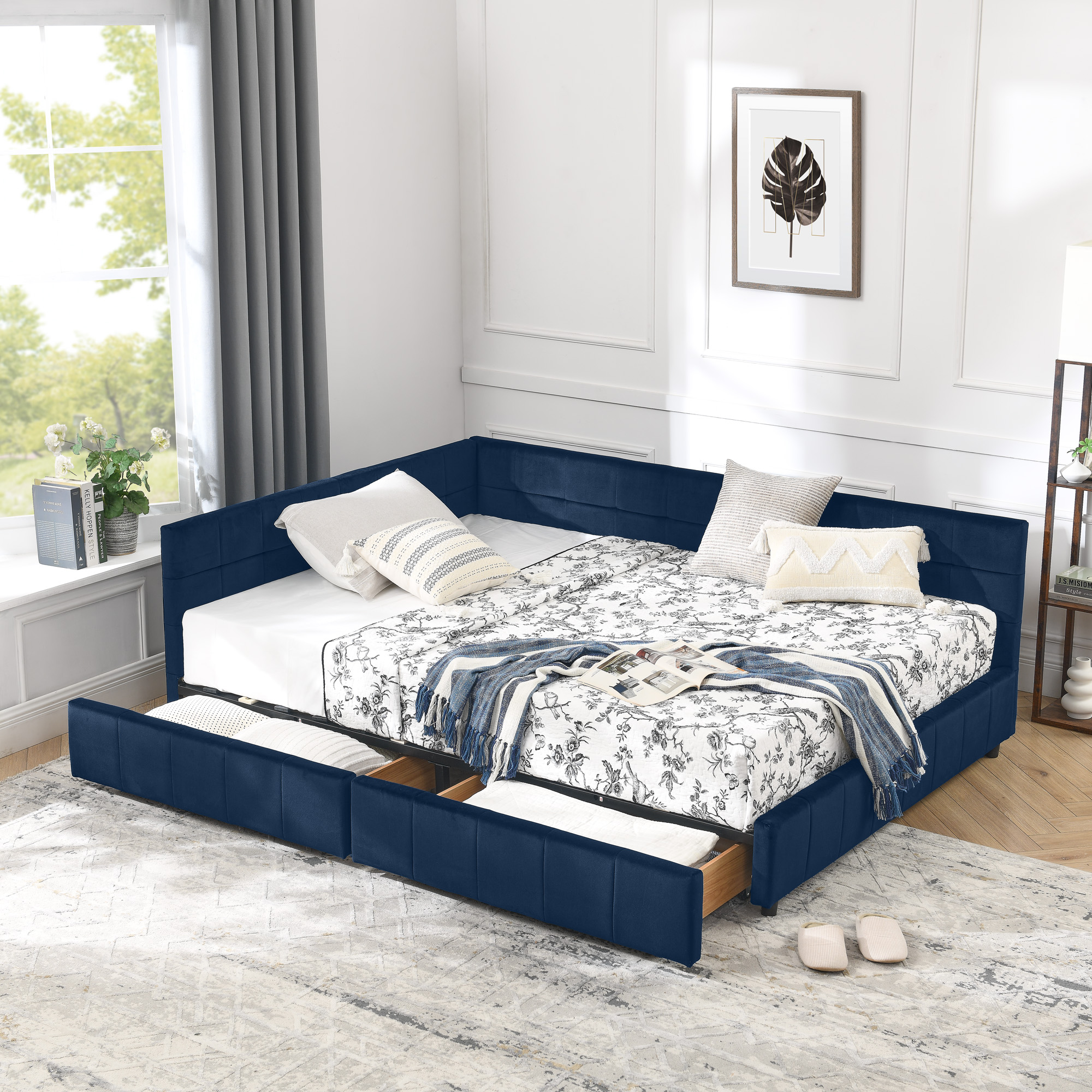 Full Size Storage Upholstered Tufted Bed Frame, Sofa Bed Frame with Comfortable Backrest and Armrests, Full Size Bed for Bedroom, Living Room,Velvet, DARK BLUE(80.5”*59”*29.5”)