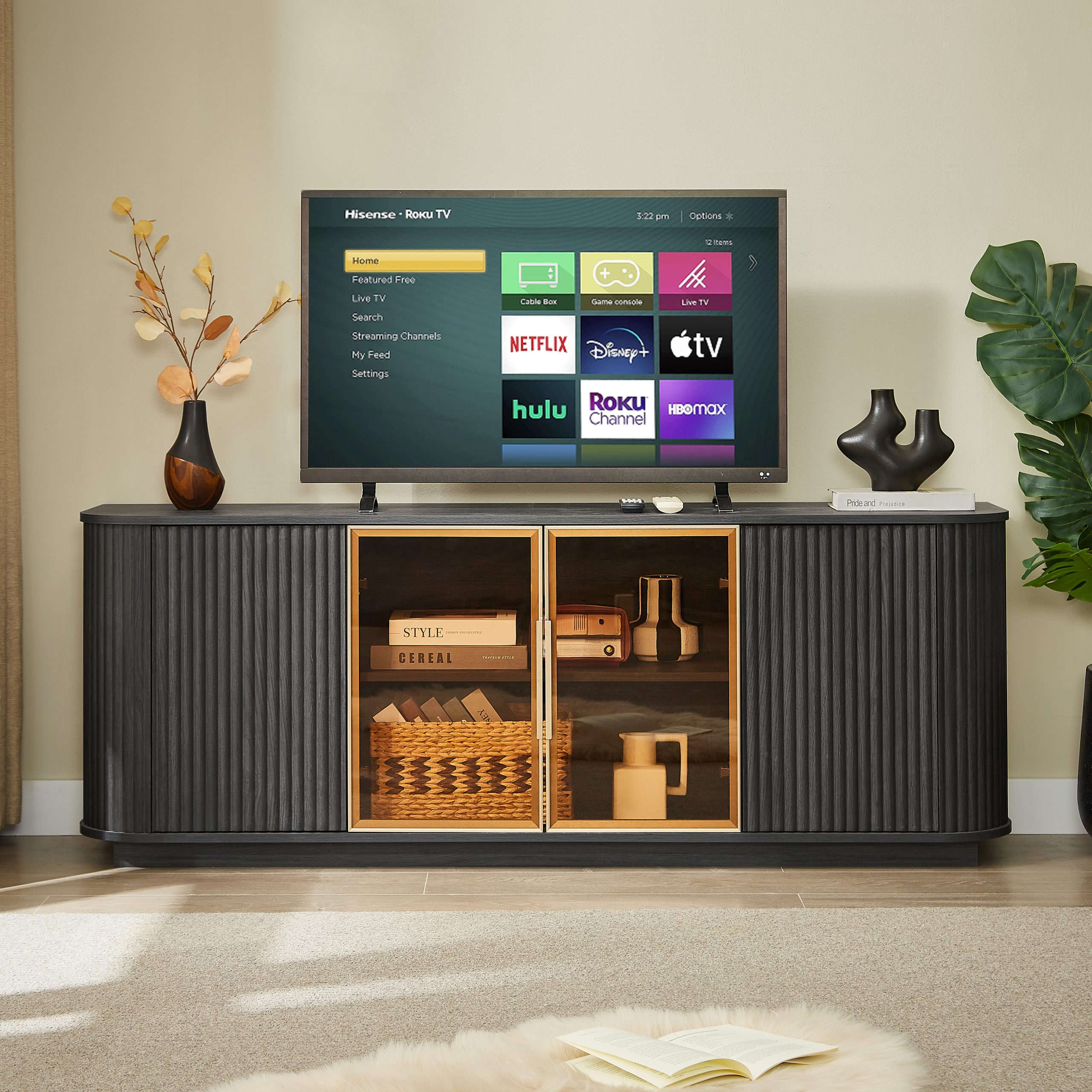 64-Inch Wavy TV Cabinet, Round Sideboard, Wooden Vertical Stripe Storage Cabinet, Aluminum Door Framed Tempered Glass Cabinet for Living Room/Bedroom/Entryway. Black,64”W x 15”D x 24”H.