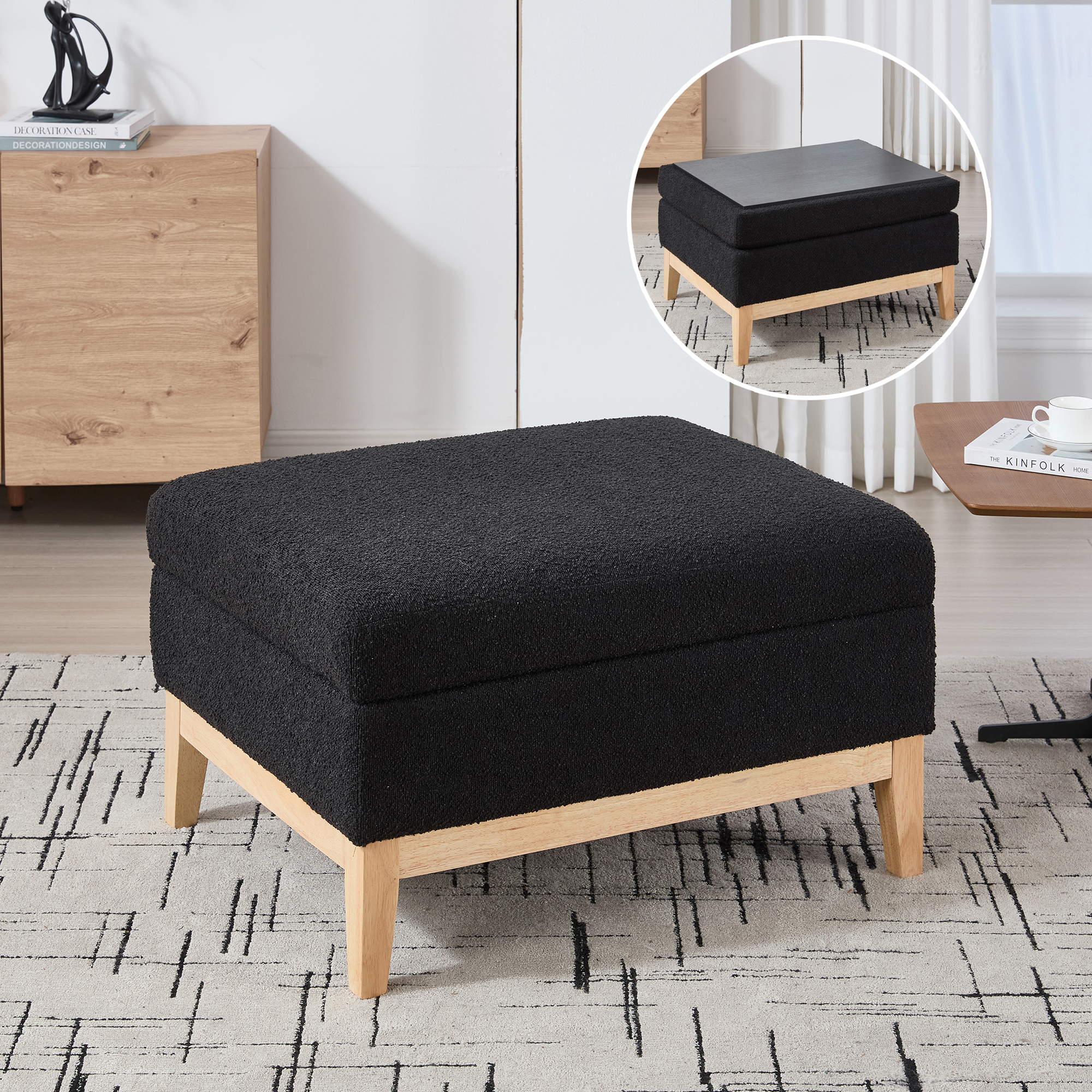 33.86″W Upholstered Wood Base Storage Ottoman With Reversible Lid Coffee Table, Foot Stool Square Footrest with Rubberwood Legs for Living Room Bedroom Entryway and Office,Black Boucle.