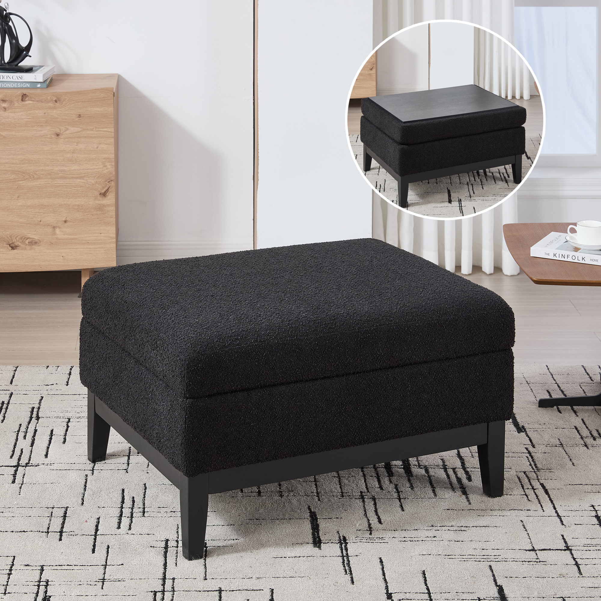 33.86″W Upholstered Wood Base Storage Ottoman With Reversible Lid Coffee Table, Foot Stool Square Footrest with Rubberwood Legs for Living Room Bedroom Entryway and Office,Black Boucle.