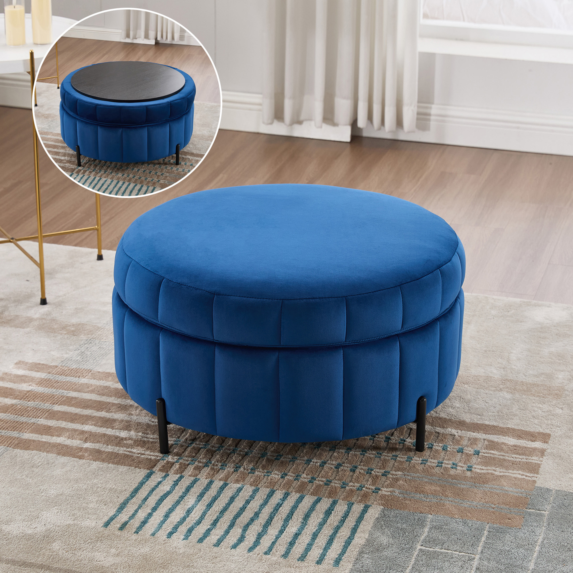 31.5″W Upholstered Round Ottoman With Reversible Lid, Velvet Storage Stool, Channel Tufted Pumpkin-shape Footstool for Living room, Bedroom and Office, Navy