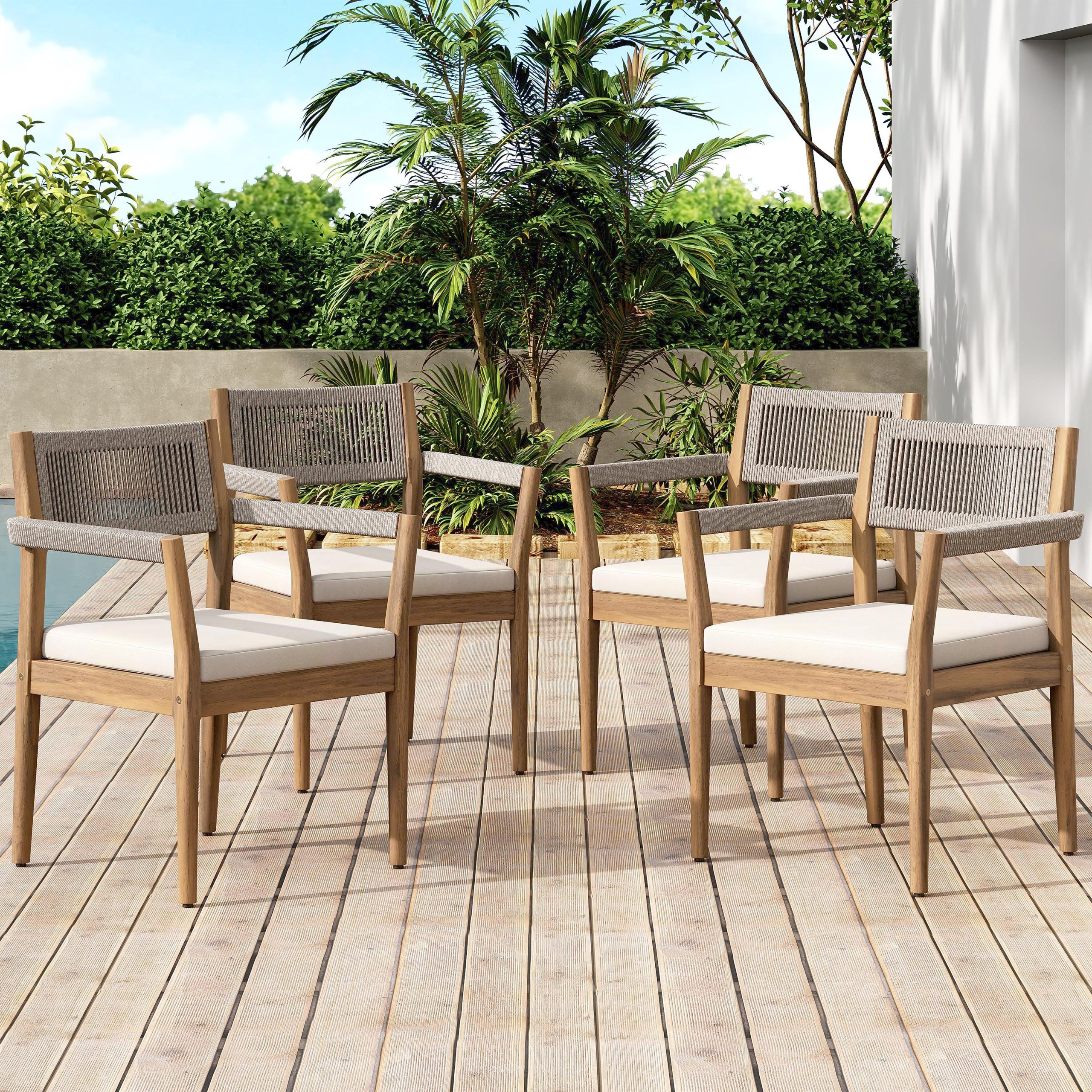 Braided Acacia Wood Outdoor Dining Chairs Set of 4 – Teak Look with Beige Rope & Cream Cushions, Armrests – All-Weather Patio Furniture for Garden, Poolside, and Backyard (Durable & Stylish)