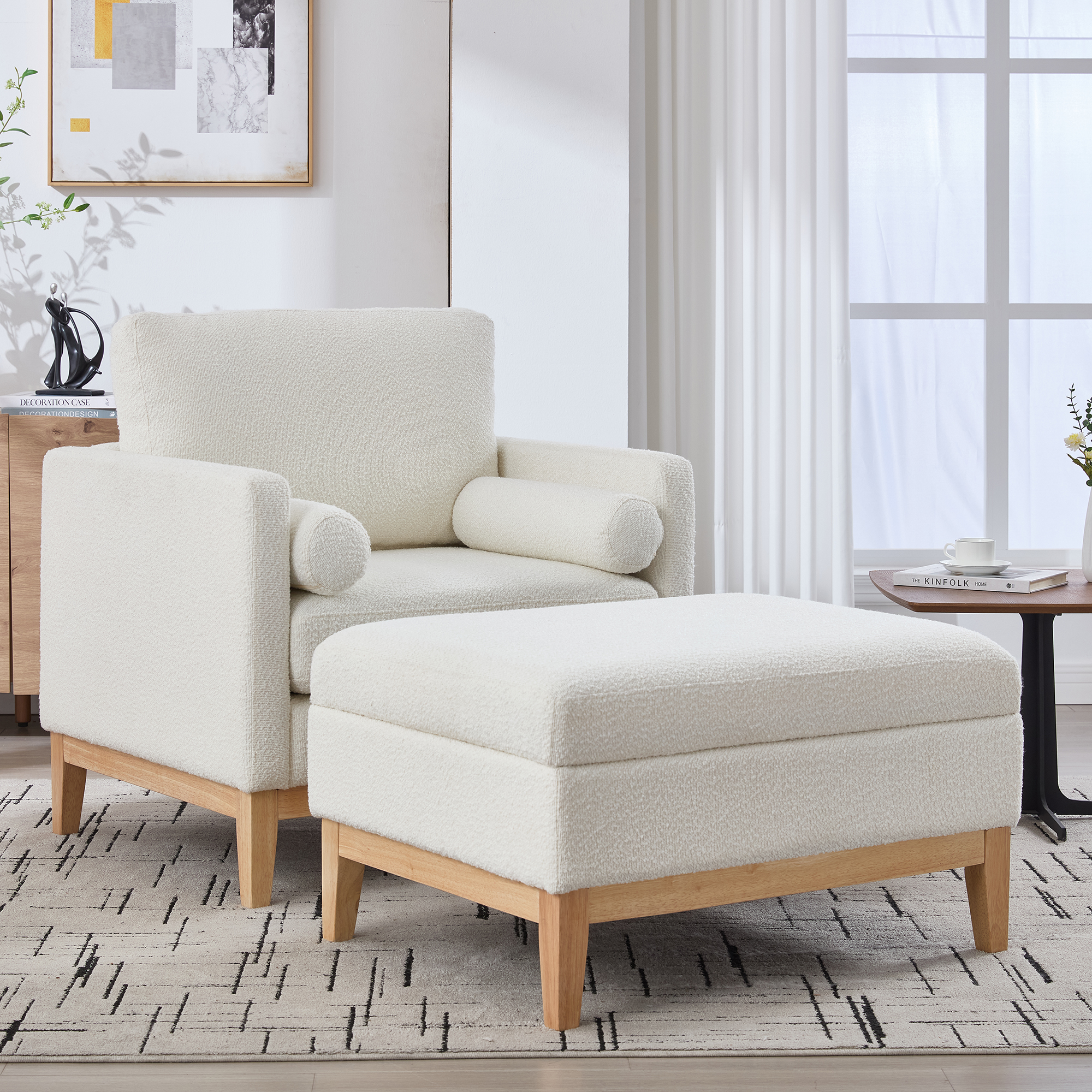 35.4 “Wide Farmhouse Performance Upholstered Wood Base Square Accent Arm Chair with Ottoman Natural Wood Legs with Reversible Lid Coffee Table for Living Room Office and Lounge, Ivory Boucle.