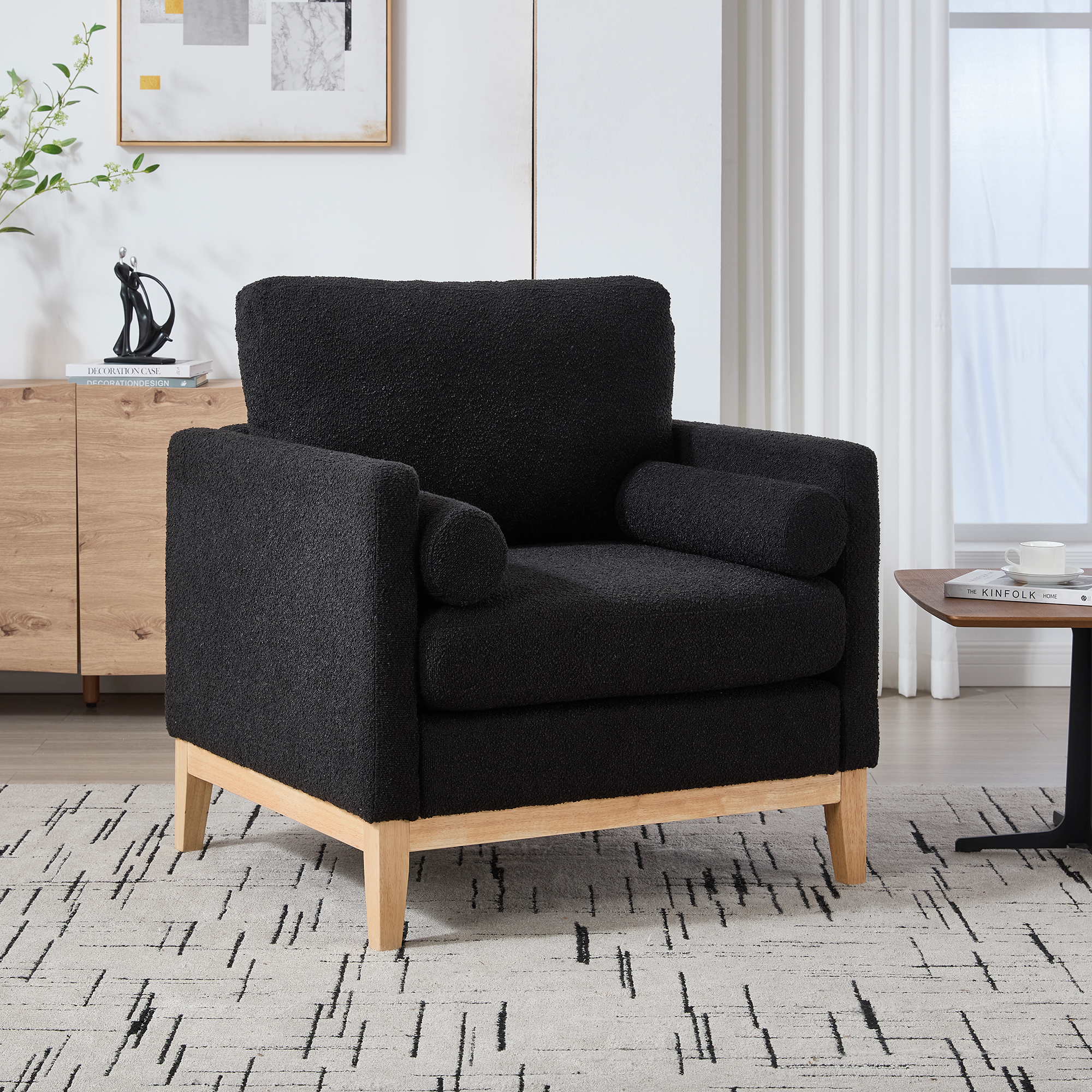 35.4 “Wide Modern Farmhouse Performance Accent Chair with Natural Wood Legs, Wood Base Reading Armchair Single Sofa with Two Bolster Pillows for Living Room offices and Lounge, Black Boucle.