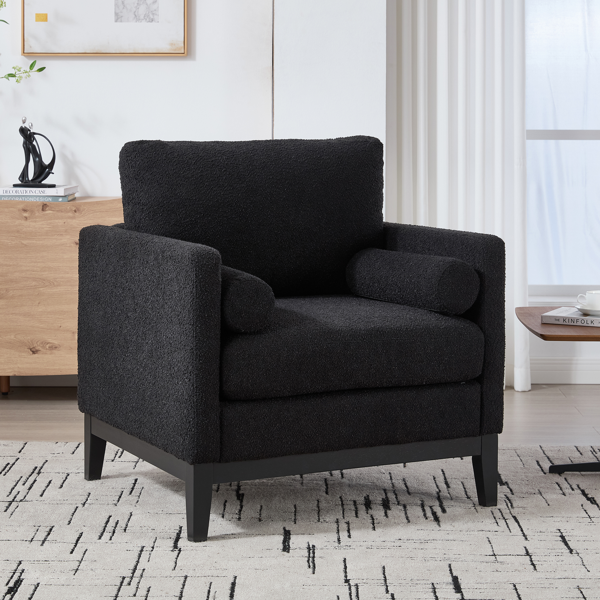 35.4 “Wide Modern Farmhouse Performance Accent Chair with Black Finish Legs, Wood Base Reading Armchair Single Sofa with Two Bolster Pillows for Living Room offices and Lounge, Black Boucle.
