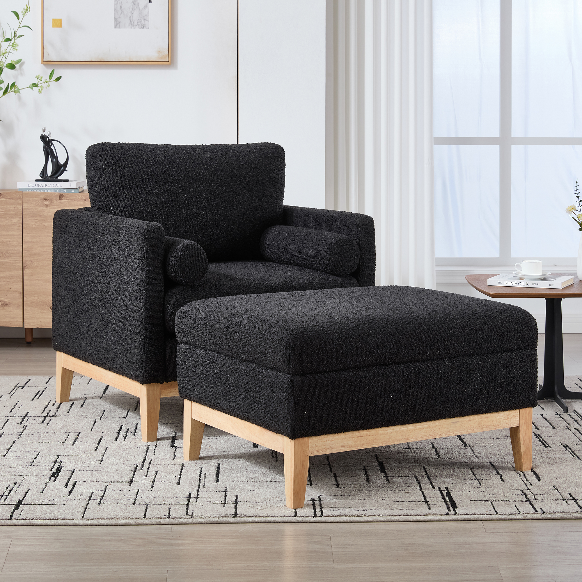 35.4 “Wide Farmhouse Performance Upholstered Wood Base Square Accent Arm Chair with Ottoman Natural Wood Legs with Reversible Lid Coffee Table for Living Room Office and Lounge,Black Boucle