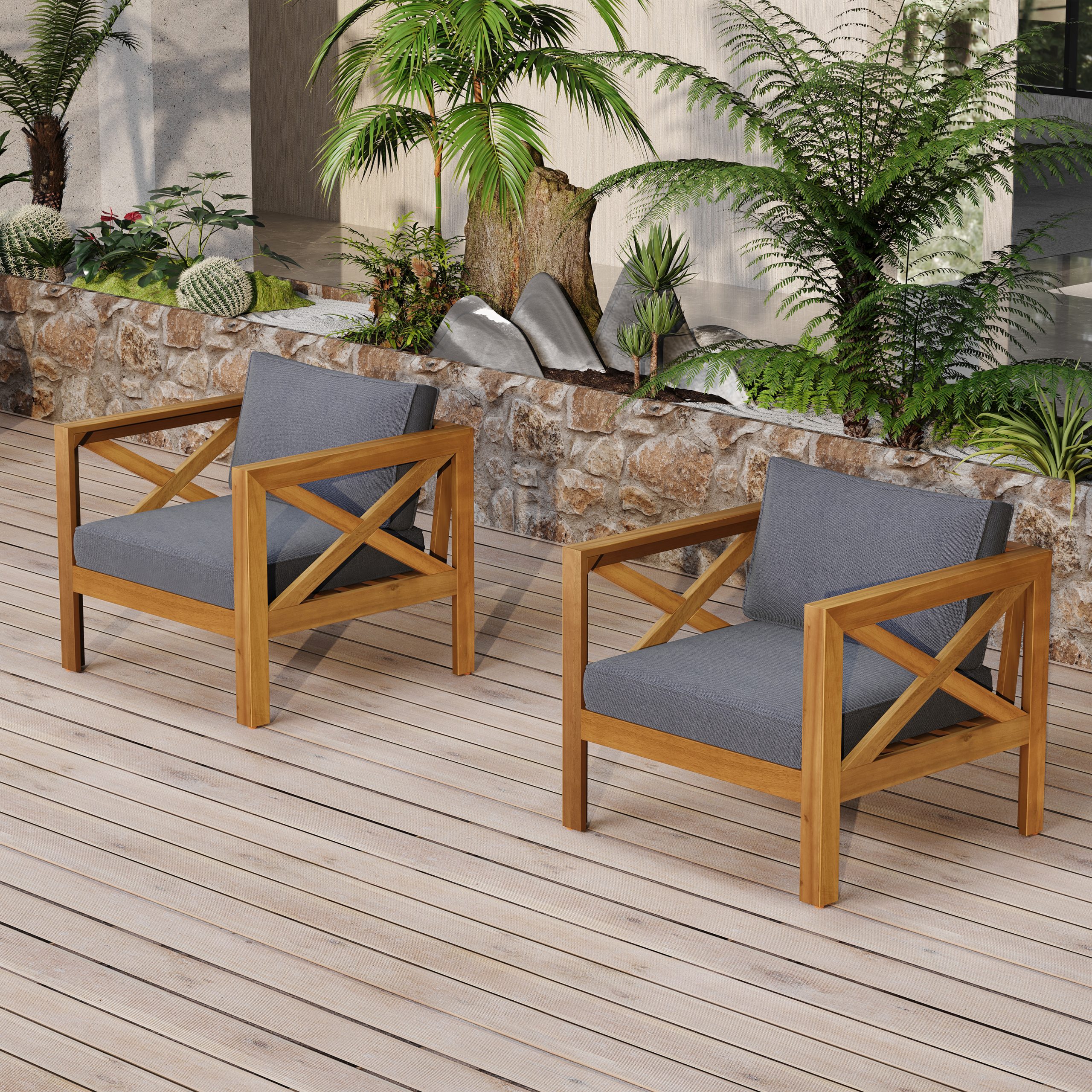 Outdoor Acacia Wood Club Wooden Armchair with Cushions (Set of 2), Conversation Set,Teak Finish,Dark Grey cushion