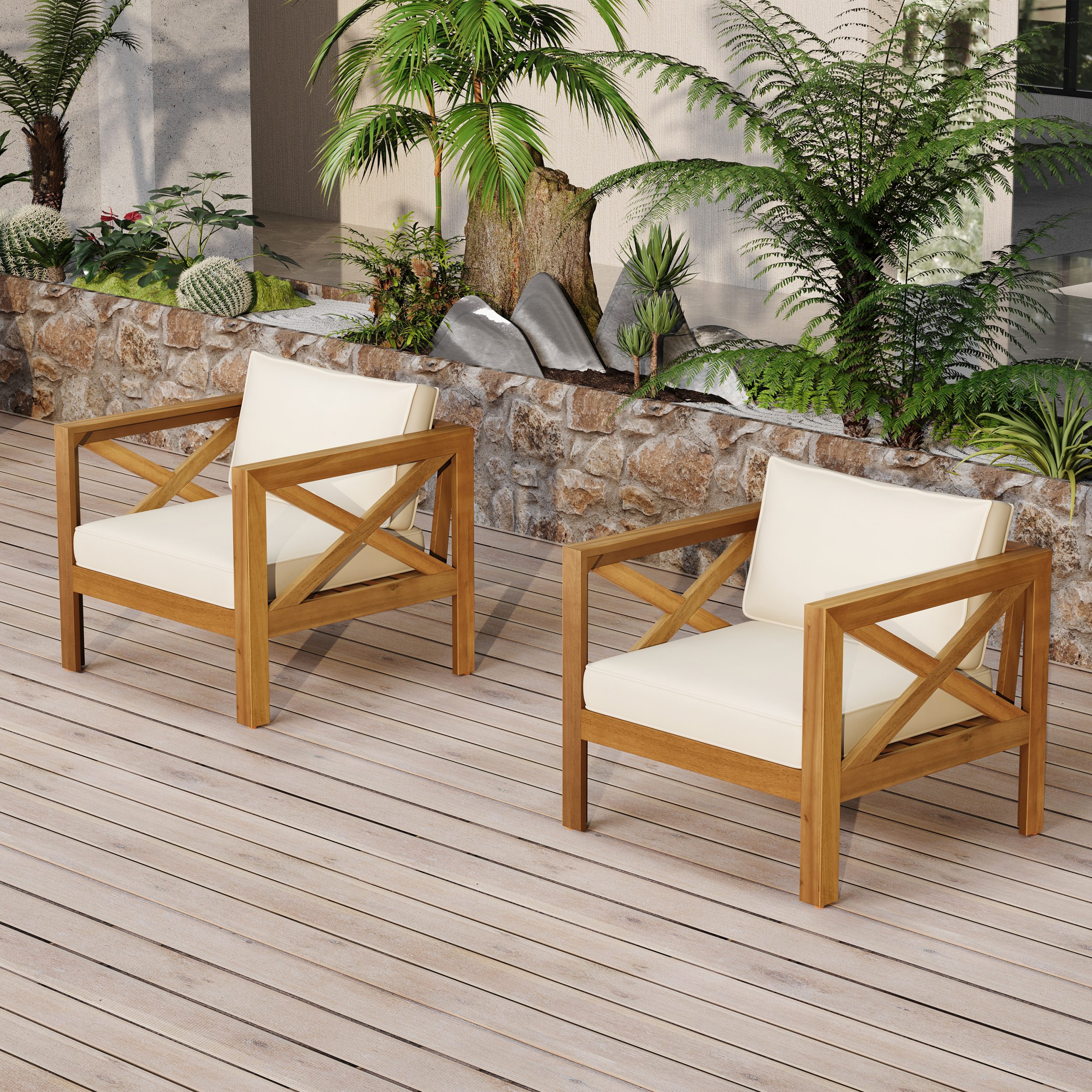Outdoor Acacia Wood Club Wooden Armchair with Cushions (Set of 2), Conversation Set,Teak Finish,Beige Cushion
