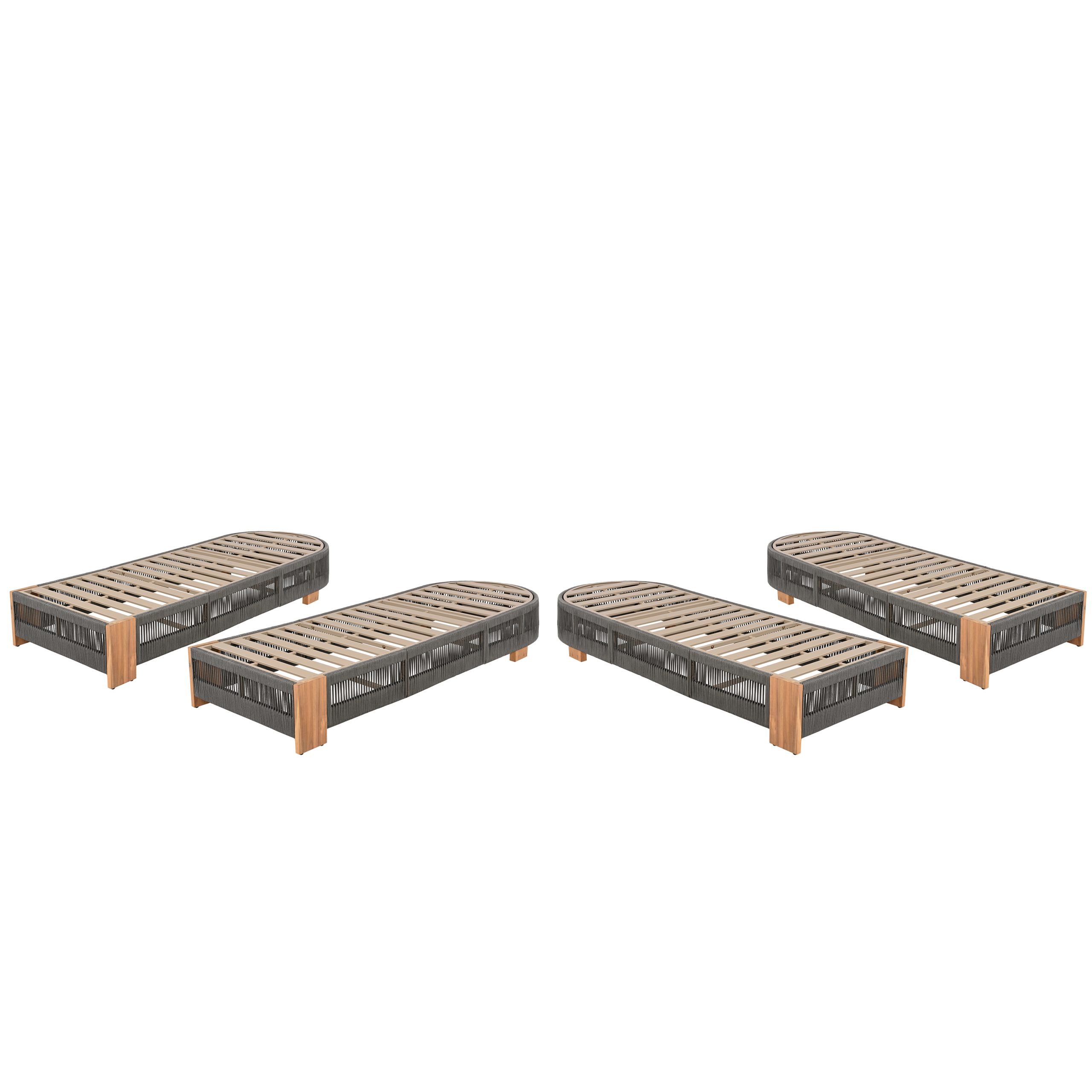 Outdoor  Acacia Wood Patio Adjustable Lounge Chair Set of 4- Uncushioned for Backyard Pool Garden-Grey rope & Natural iron