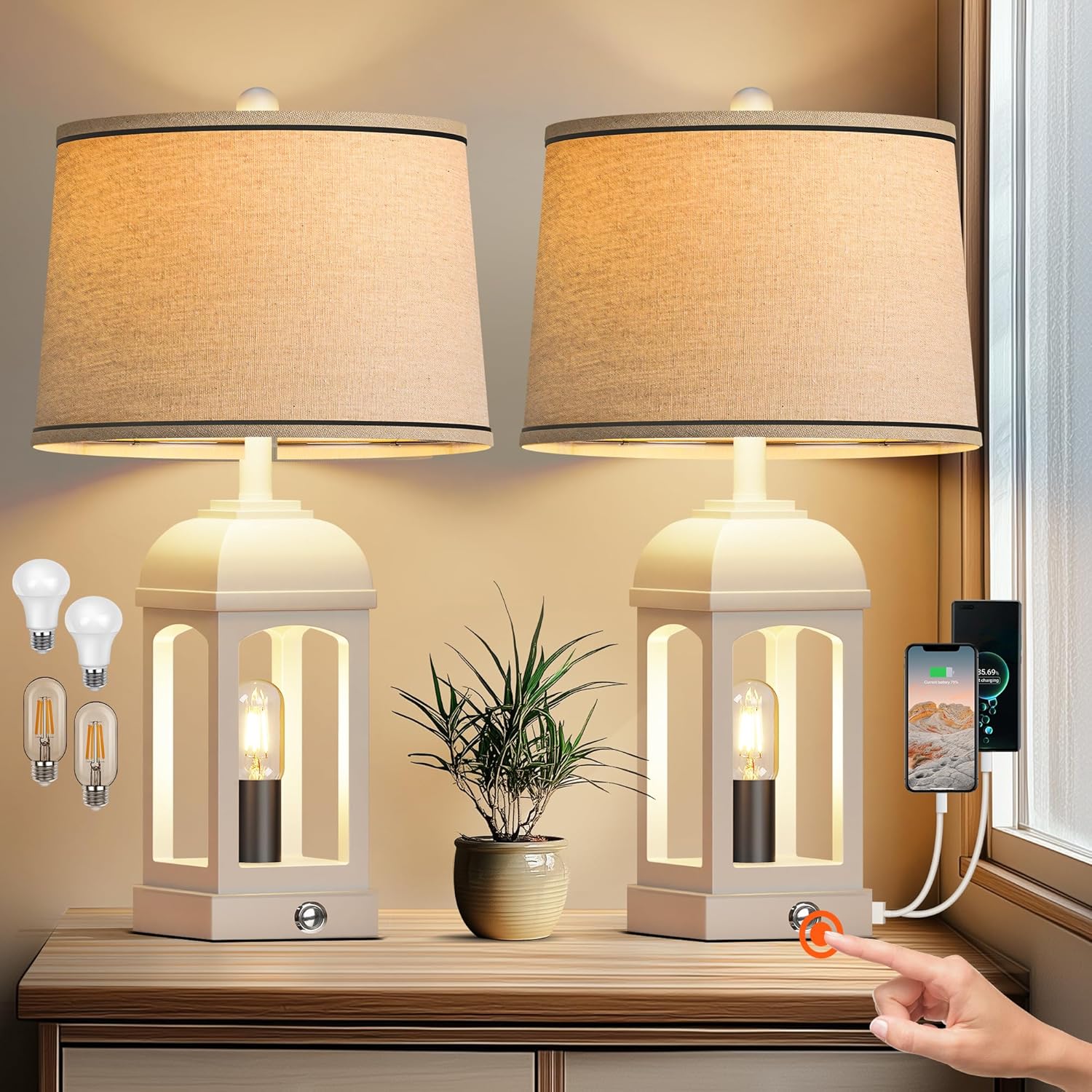 Table Lamp for Living Room, Farmhouse Lamps Set of 2 with USB A+C and Nightlight, 26″ Rustic Bedside Lamps with 3-Way Dimmable, Touch Nightstand Lamp for Bedroom, White