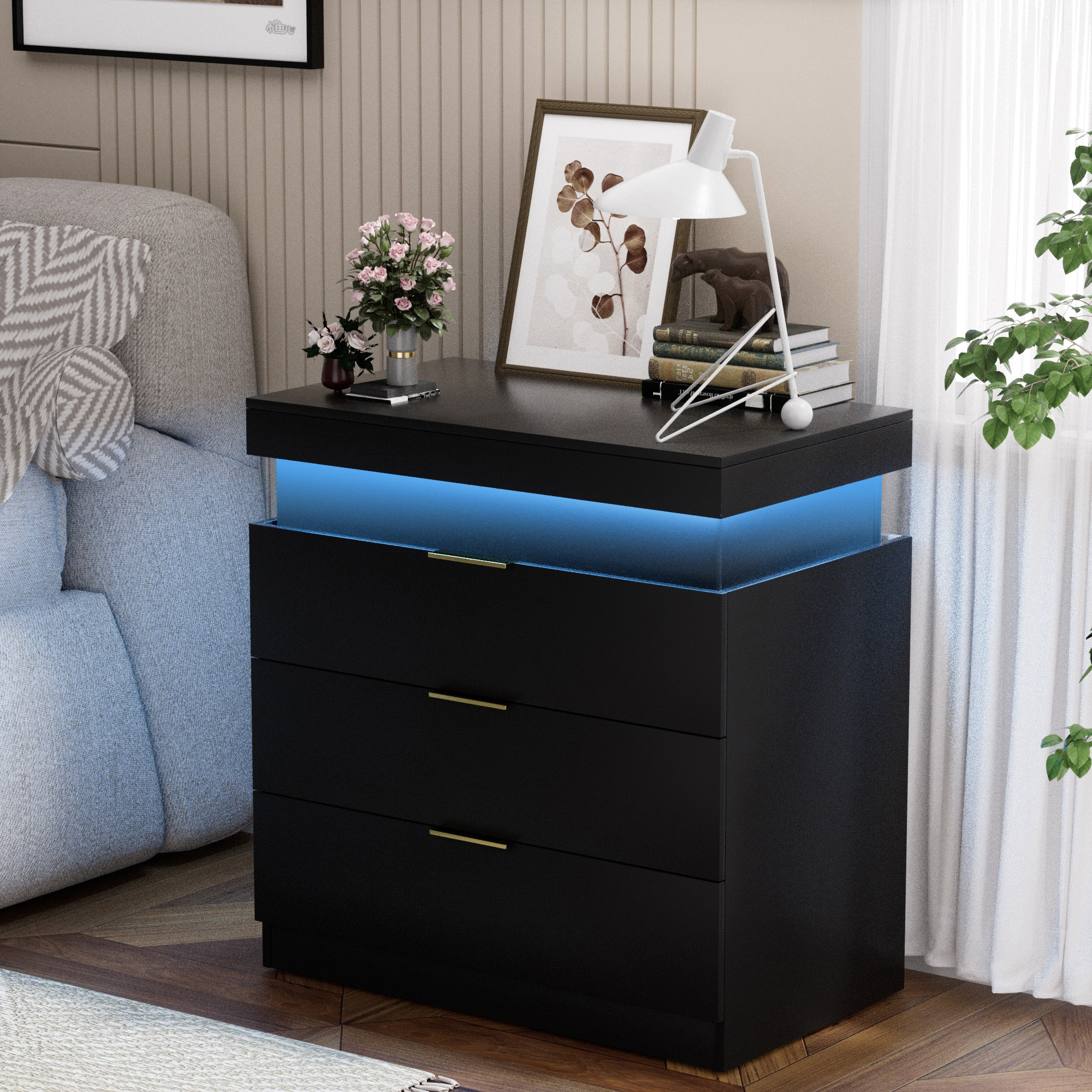 Nightstand with Charging Station and LED Lights,Night Stand with Sliding Top for Bedroom,Bedside Table with Drawers,Modern End Side Table,Black.28.8”W x 17”D x 30.5”H.