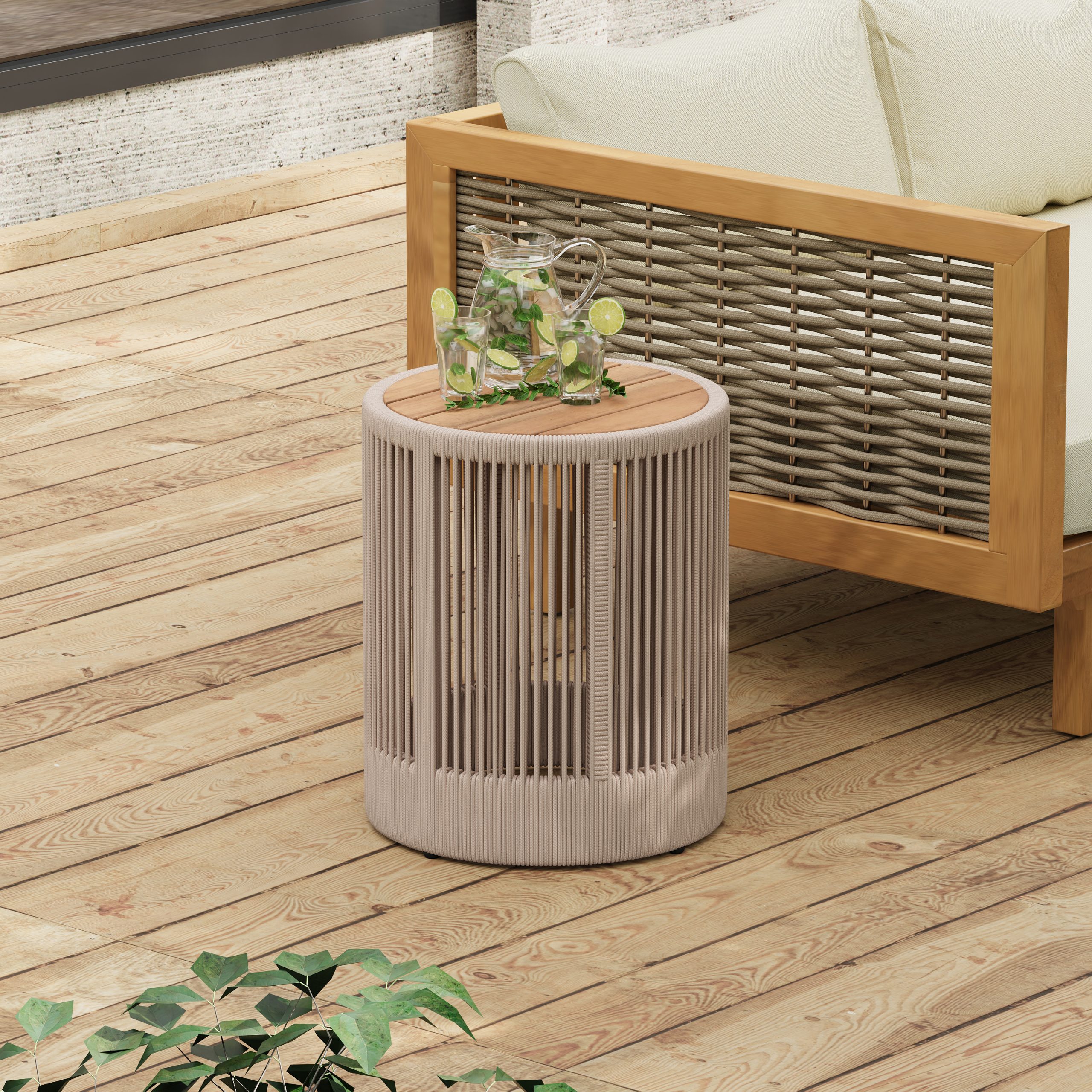 Outdoor Rattan rope & Acacia Wood Side Table – Patio Balcony Furniture for Garden, Yard, Balcony – Weather Resistant(Rope Beige, Natural Iron)