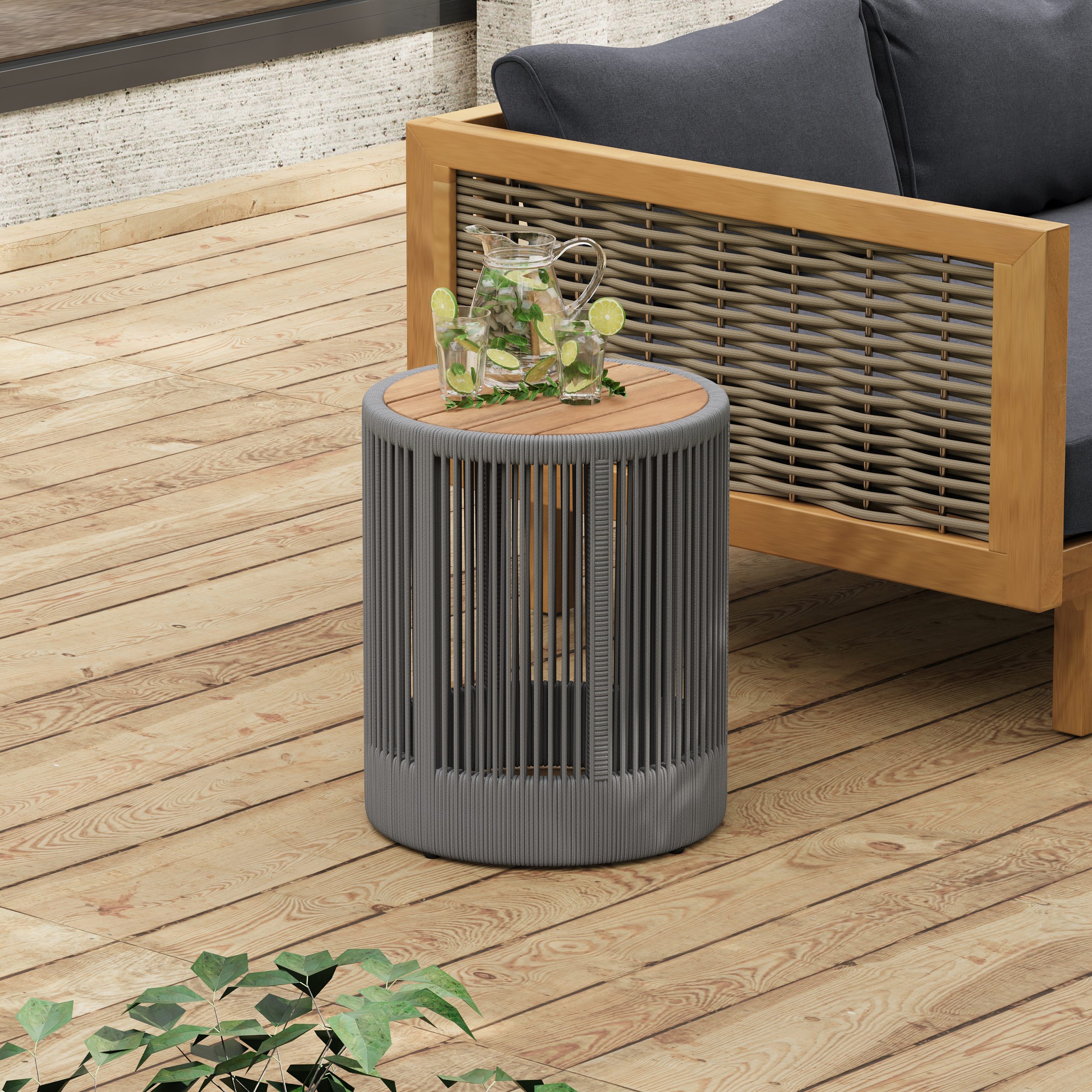 Outdoor Rattan rope & Acacia Wood Side Table – Patio Balcony Furniture for Garden, Yard, Balcony – Weather Resistant(Rope Grey, Natural Iron)