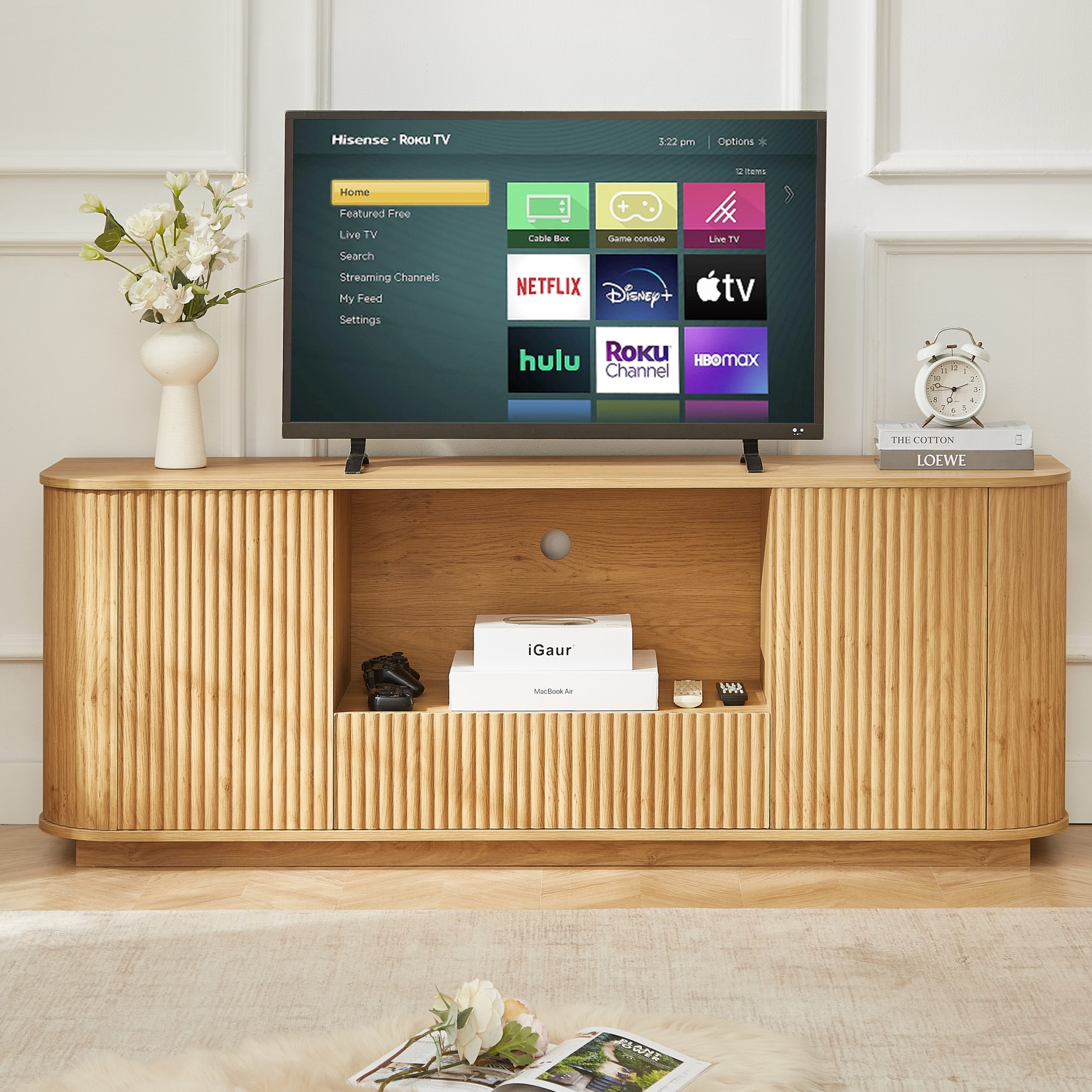 64-Inch Wavy TV Stand, Rounded Sideboard, Storage Cabinet, Wooden Vertical Stripe Cabinet for Living Room/Bedroom/Entryway. Natural,64”W x 15”D x 24”H.