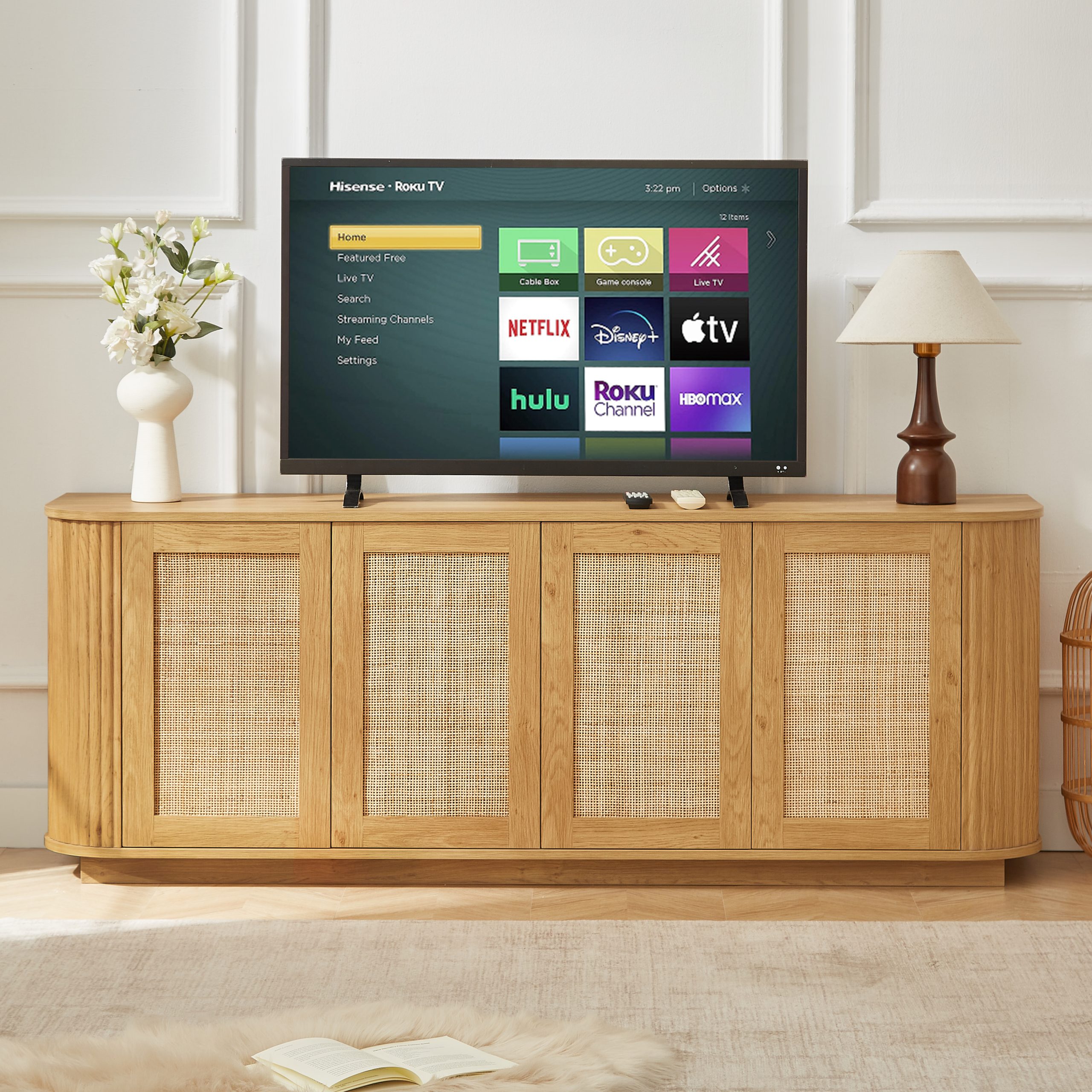64-inch wave shaped TV stand, rounded corner sideboard, storage cabinet, buffet, wood vertical striped cabinet with rattan doors for kitchen/bedroom/entryway. Natural, 64”W x 15”D x 24”H