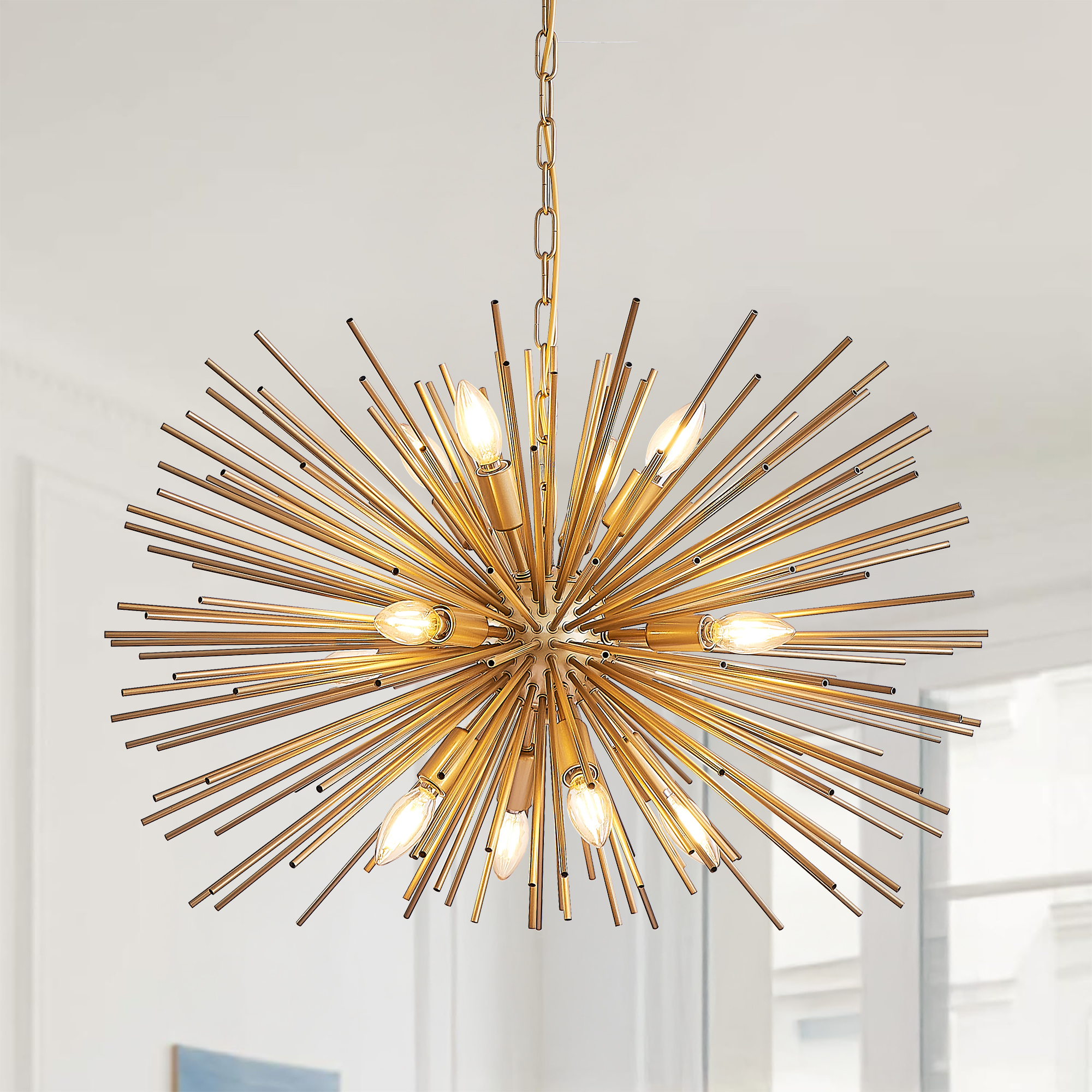 29″ Mid-Century Modern 12-Light Starburst Chandelier – Gold Sputnik Pendant Light Fixture for Living Room, Dining Room, or Foyer (Bulb Not Included)