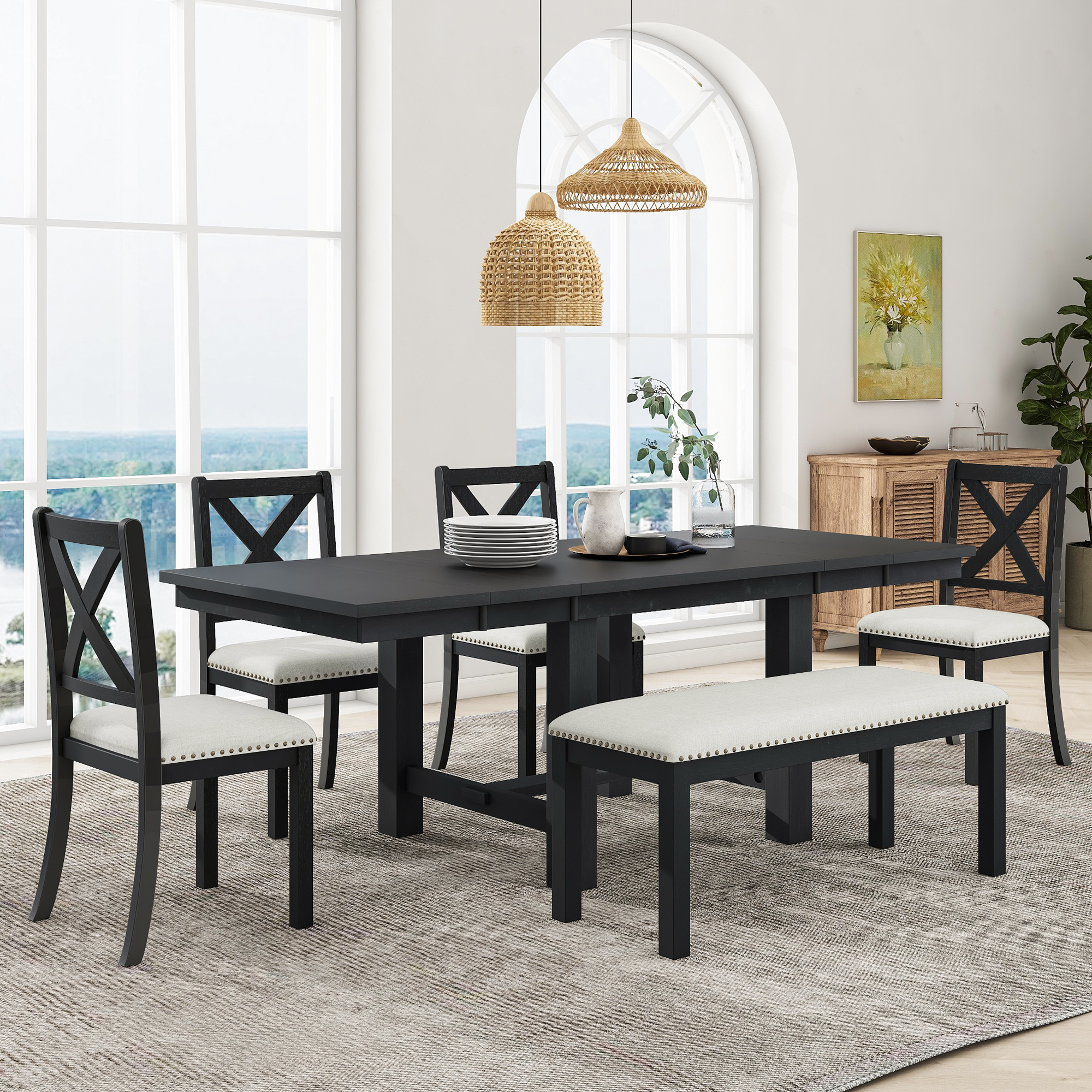 TOPMAX Farmhouse 82inch 6-Piece Extendable Dining Table with Footrest, 4 Upholstered Dining Chairs and Dining Bench, Two 11″Removable Leaf, Black+Beige Cushion (old sku: SP000023AAB)