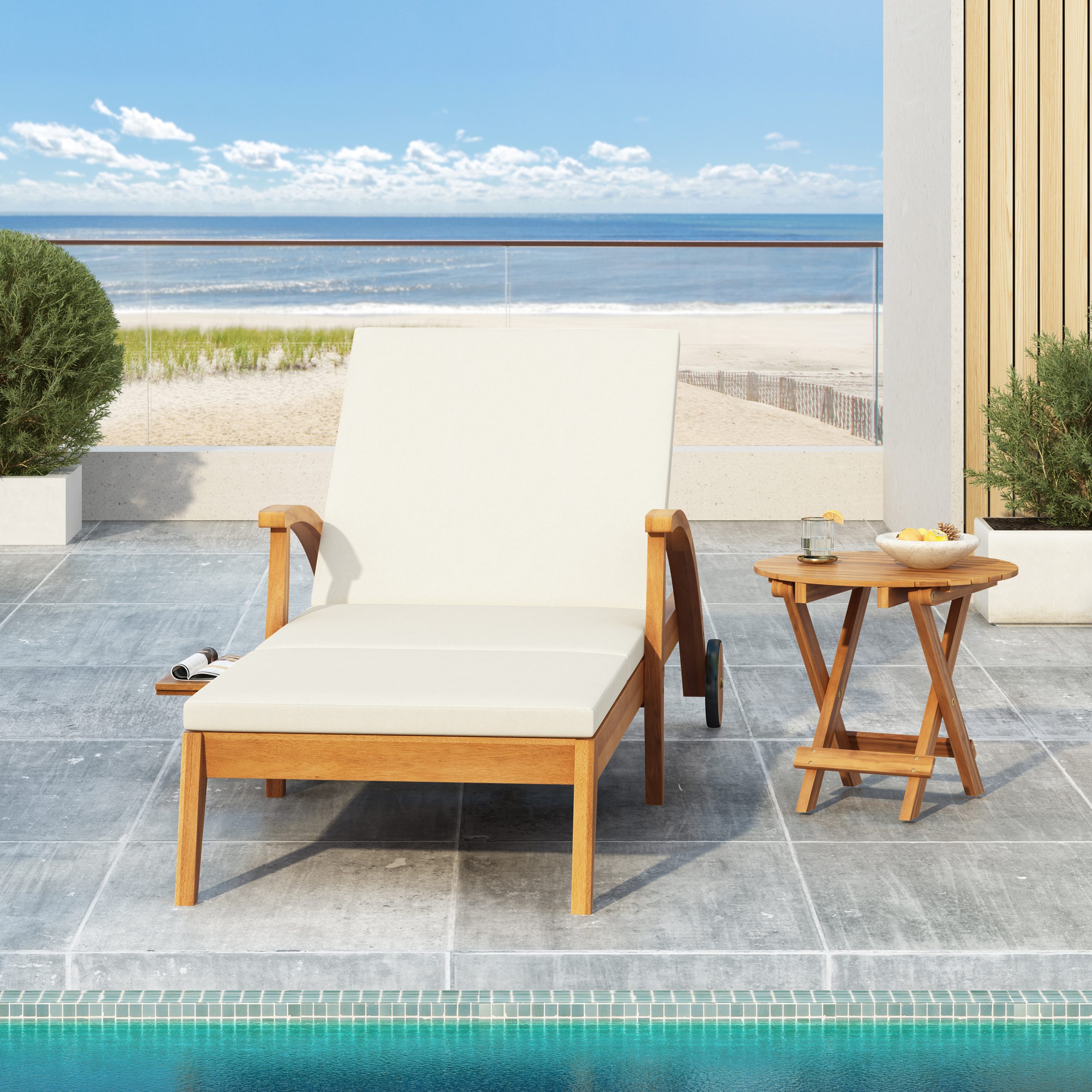 OUTDOOR RECLINER SIDE TABLE SET – COMES WITH 2 INCH CUSHION AND ADJUSTABLE BACKREST CHAISE LOUNGE WITH WHEEL & FOLDABLE AND ADJUSTABLE ACACIA WOOD SIDE TABLE FOR POOLSIDE PORCH