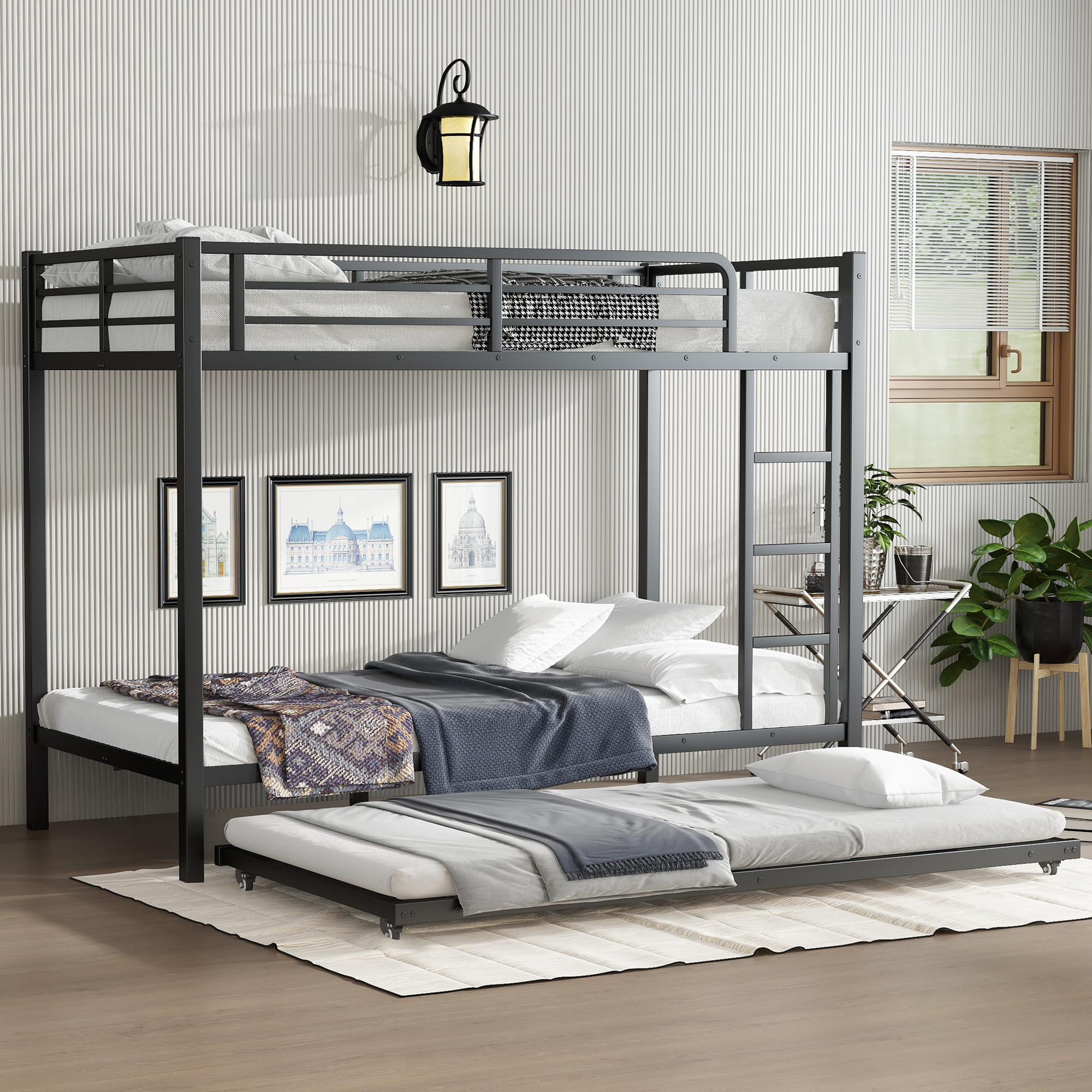Twin XL over Twin XL Metal Bunk Bed with Twin Size Trundle, Black