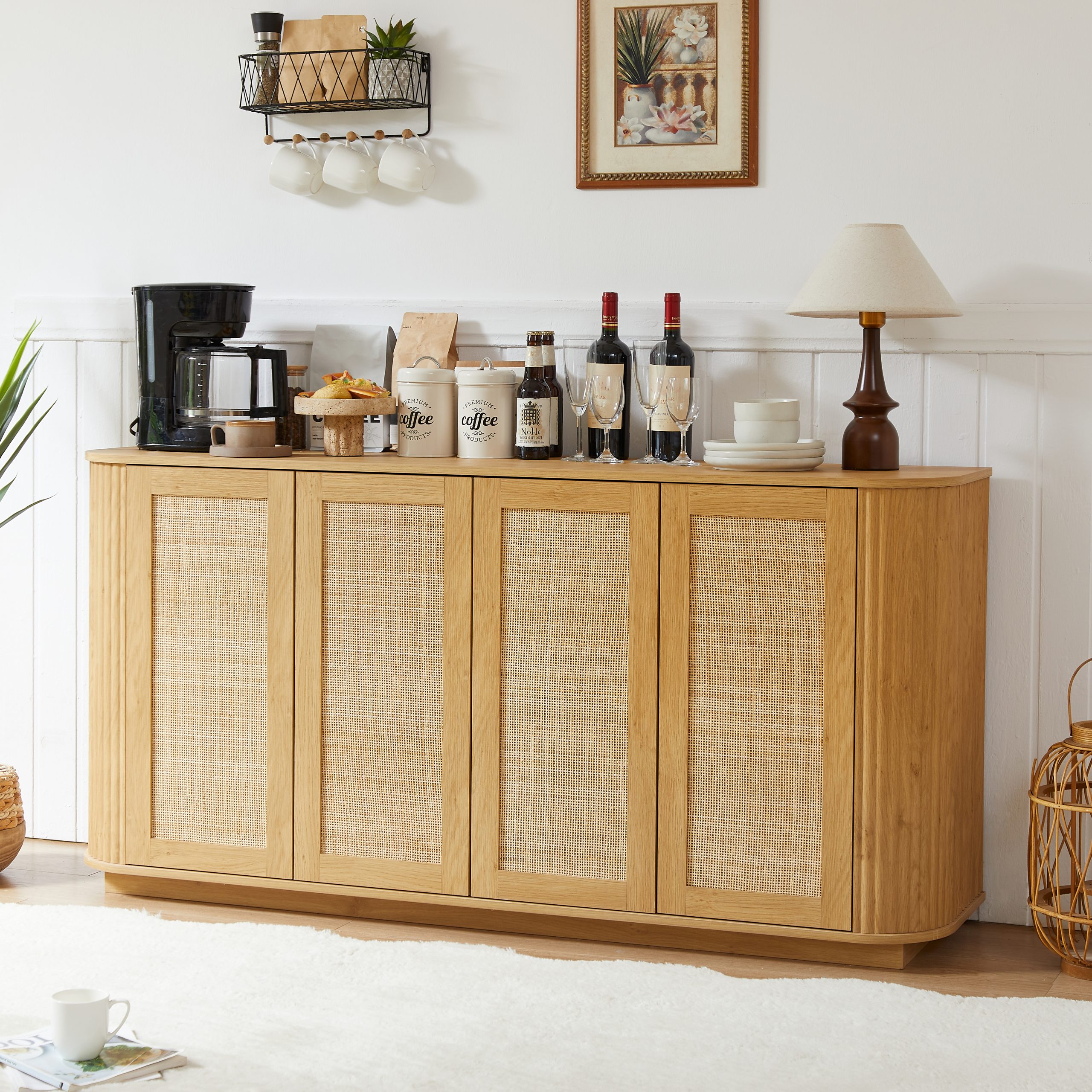 64-inch wave shaped TV stand, rounded corner sideboard, storage cabinet, buffet, wood vertical striped cabinet with rattan doors for kitchen/bedroom/entryway. Natural, 64”W x 15”D x 31.5”H