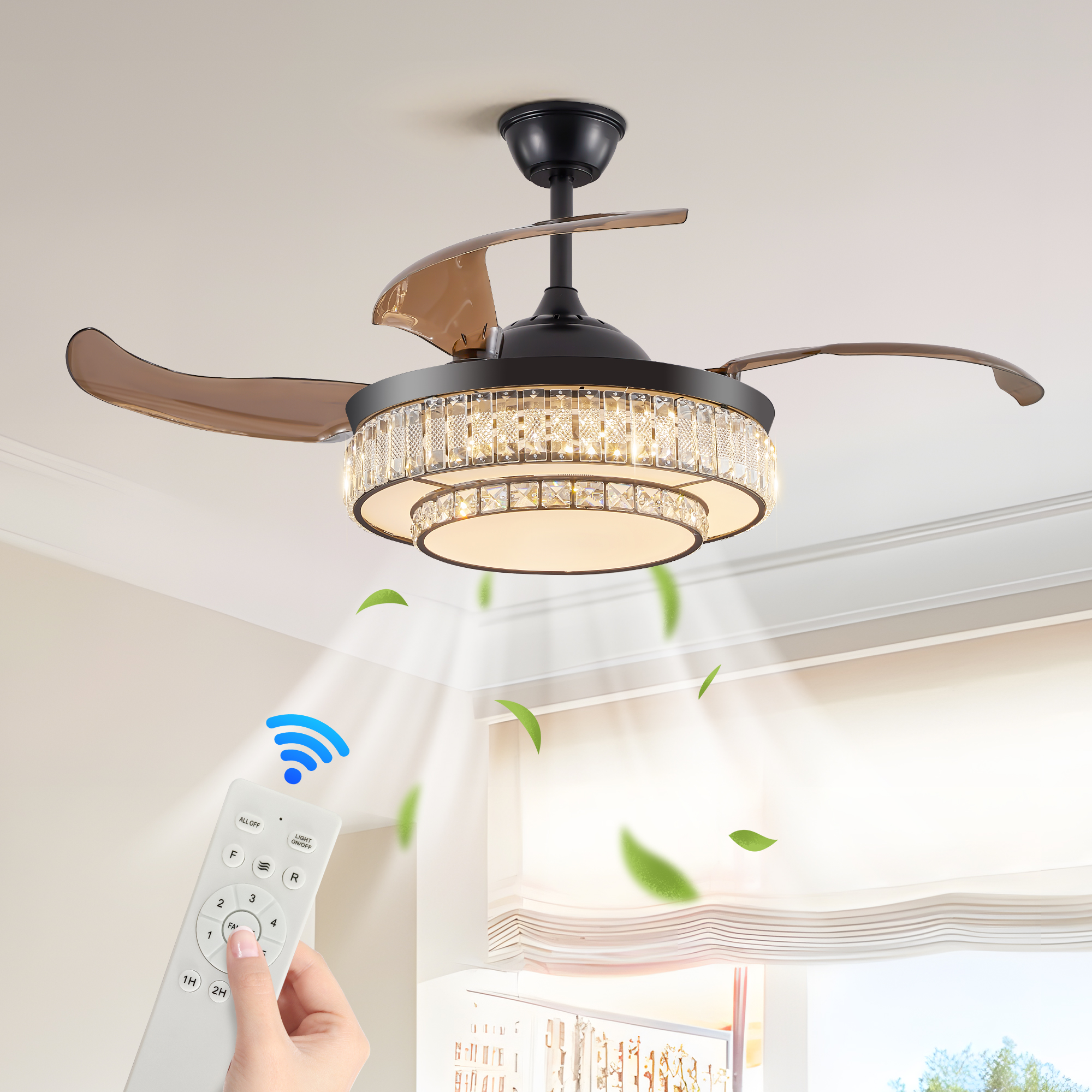 48″ Contemporary Crystal LED Retractable Ceiling Fan with Light and Remote Control, 6-Speed Quiet Reversible DC Motor,4 Blades Modern Ceiling Fans for Kitchen Bedroom Dining Room Patio