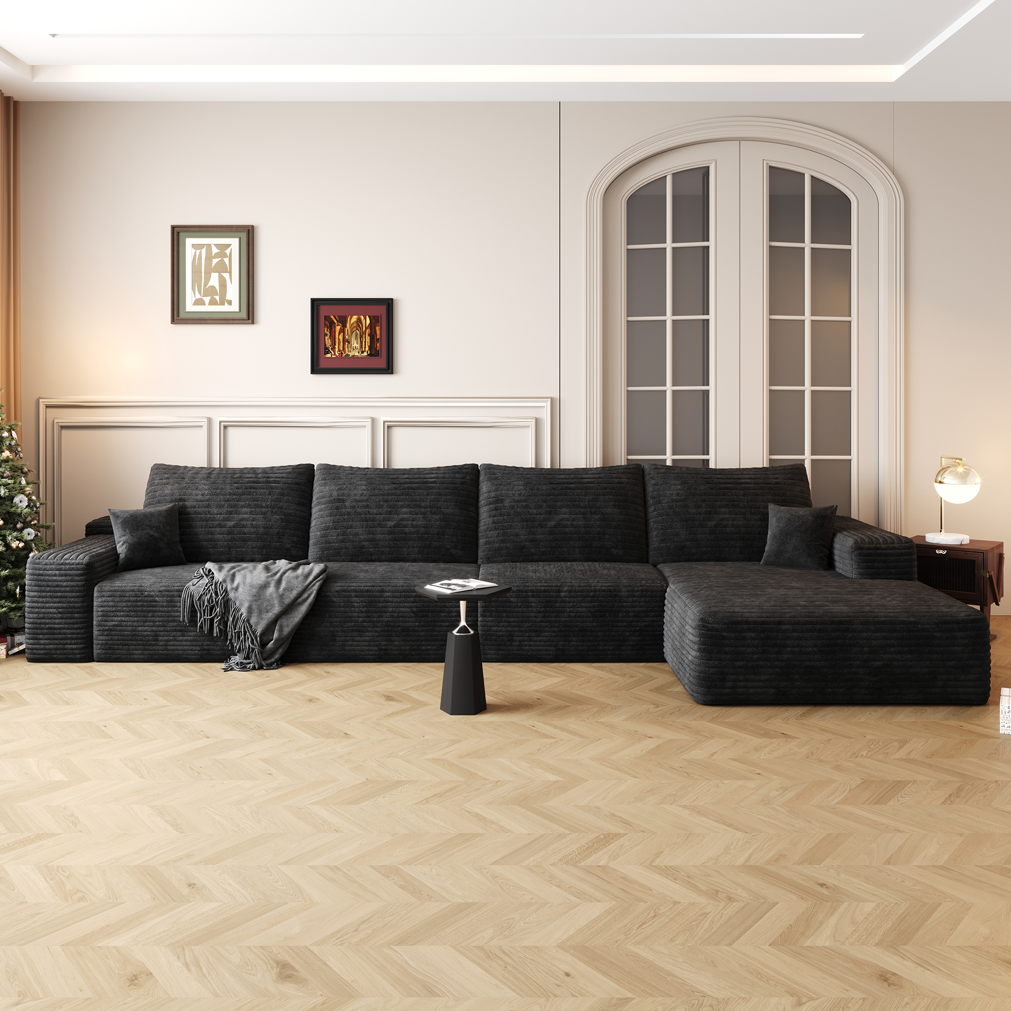 135″ Cloud Sectional Couch with L-Shape Chaise,Modern Modular Sofa with Deep Seat, Upholstered Couches for Living Room Bedroom,No Assembly Required, Black(Plush Corduroy Fabric)