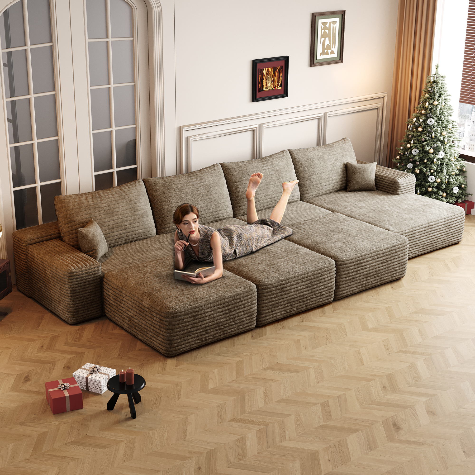 135″Large size modular cloud sofa 6 seats down sofa bed apartment living room sofa ,No Assembly Required,Camel(Plush Corduroy Fabric)