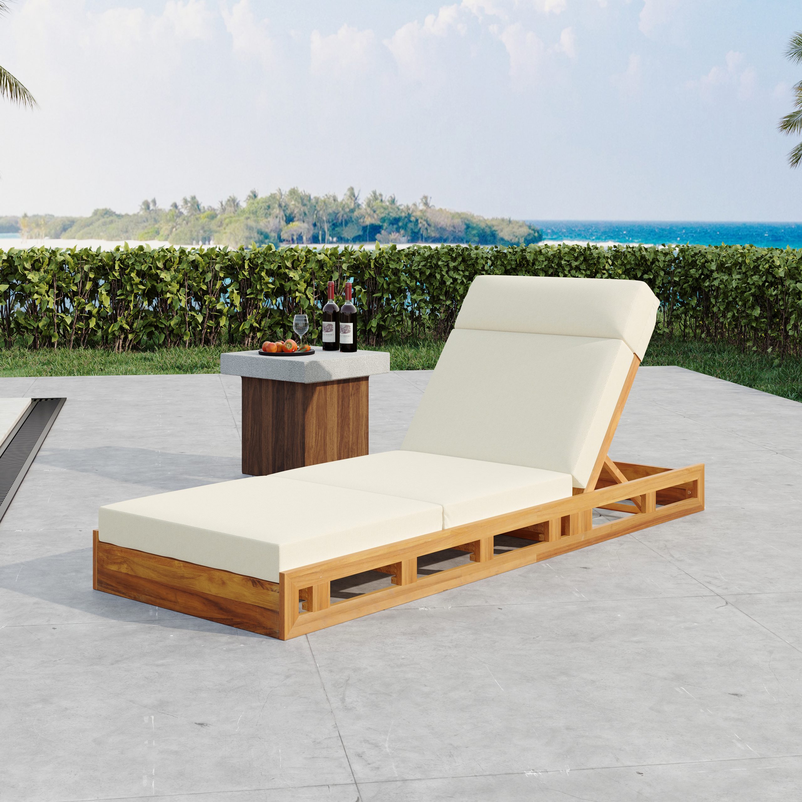 LOUNGE CHAISE SET WITH HEADREST, ACACIA WOOD WITH WATER-RESISTANT LOUNGE CUSHIONS (BEIGE & 3-FOLD & 4 inch) – MATCHING DARK GREY/CREAM VERSION AVAILABLE