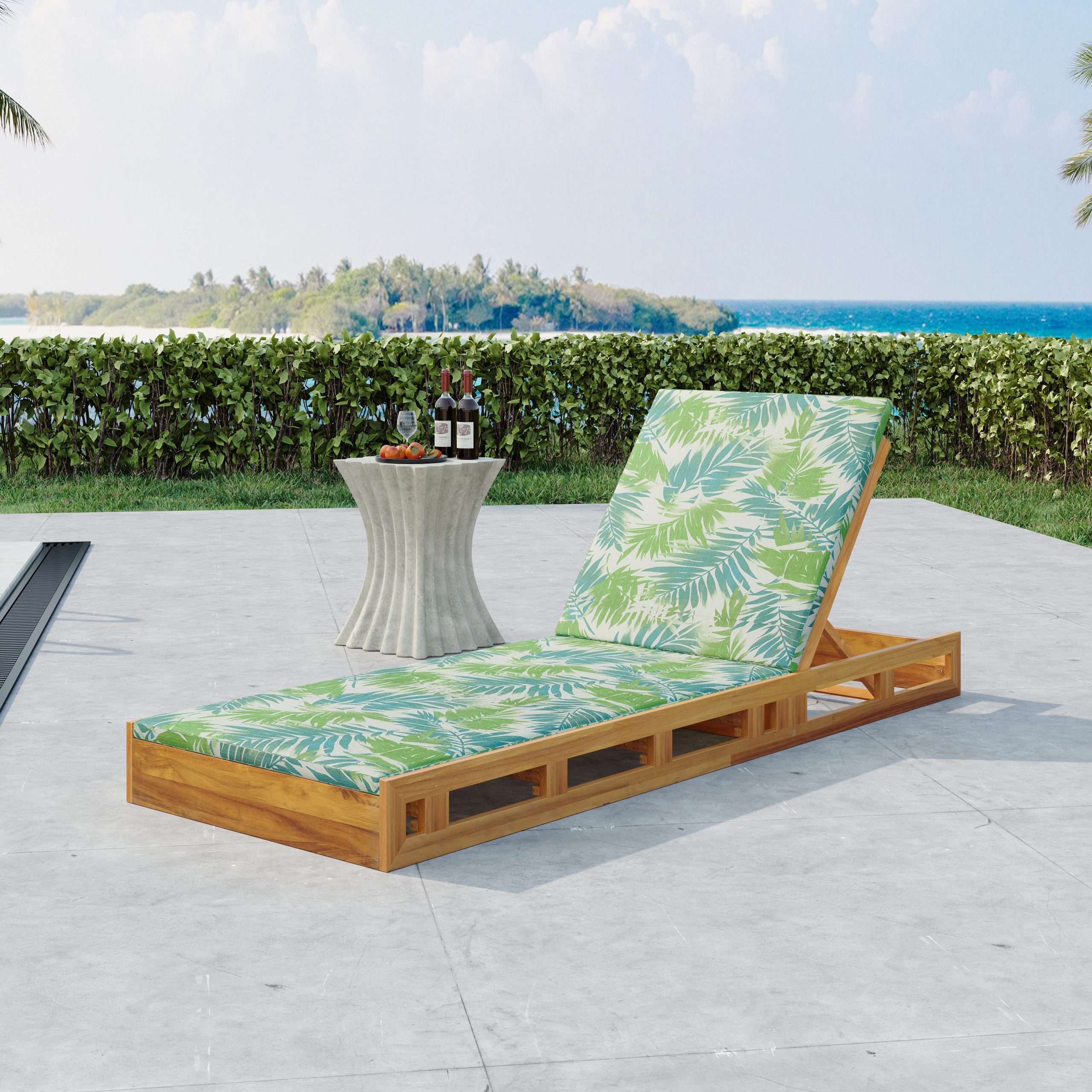 LOUNGE CHAISE SET, ACACIA WOOD WITH WATER-RESISTANT LOUNGE CUSHIONS (LEAF COCONUT & 2 INCH THICK) – MATCHING CREAM/Dark Grey  VERSION AVAILABLE