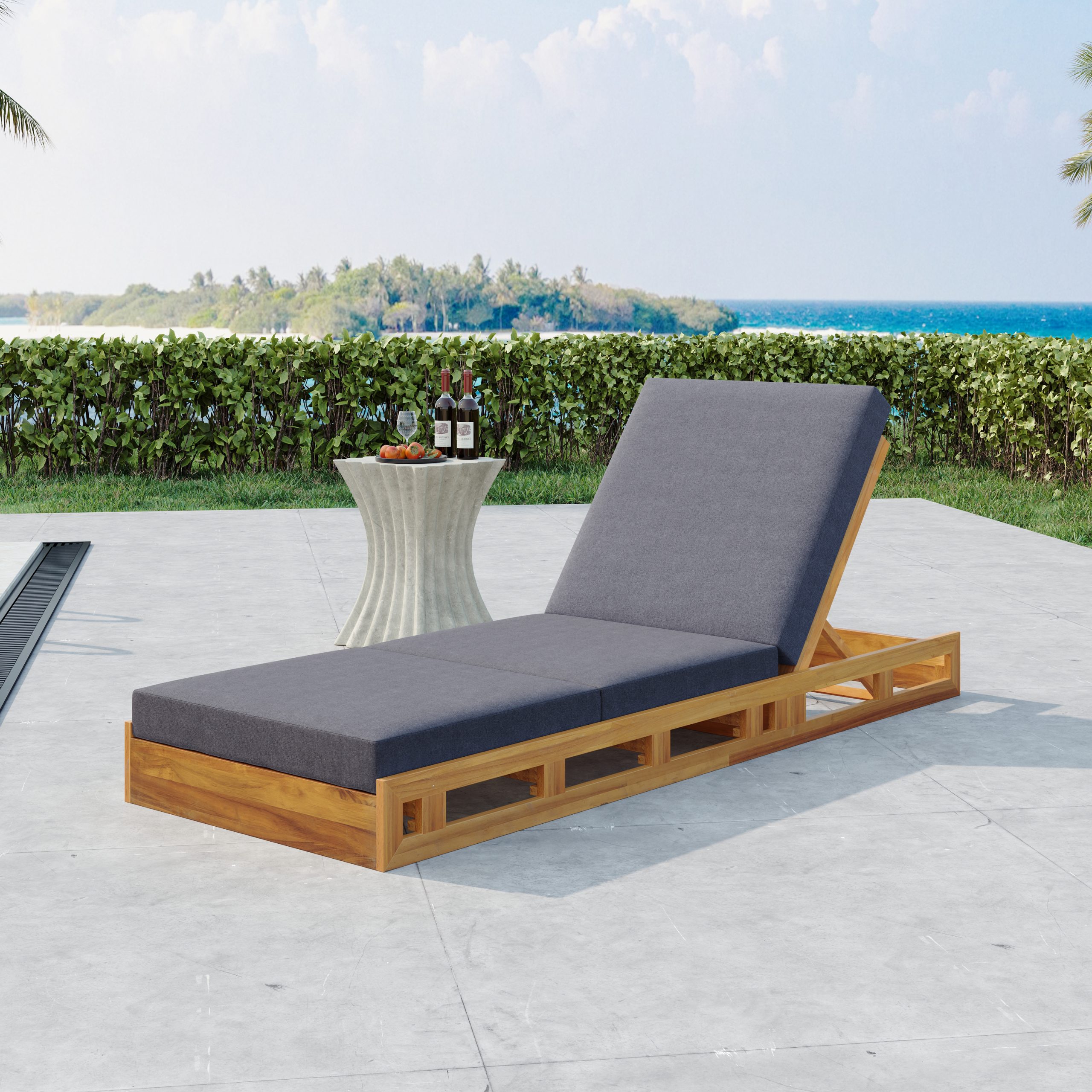 LOUNGE CHAISE SET, ACACIA SOLID WOOD WITH LOUNGE CUSHION (DARK GREY & TRIPLE FOLD) – MATCHING CREAM VERSION AVAILABLE