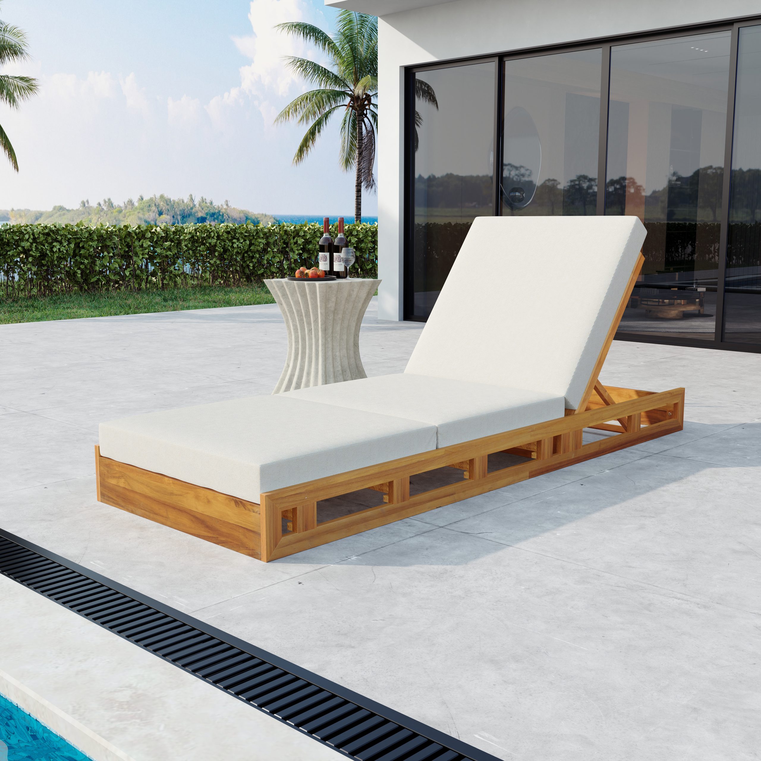 LOUNGE CHAISE SET, ACACIA SOLID WOOD WITH LOUNGE CUSHION (CREAM & TRIPLE FOLD) – MATCHING DARK GREY VERSION AVAILABLE