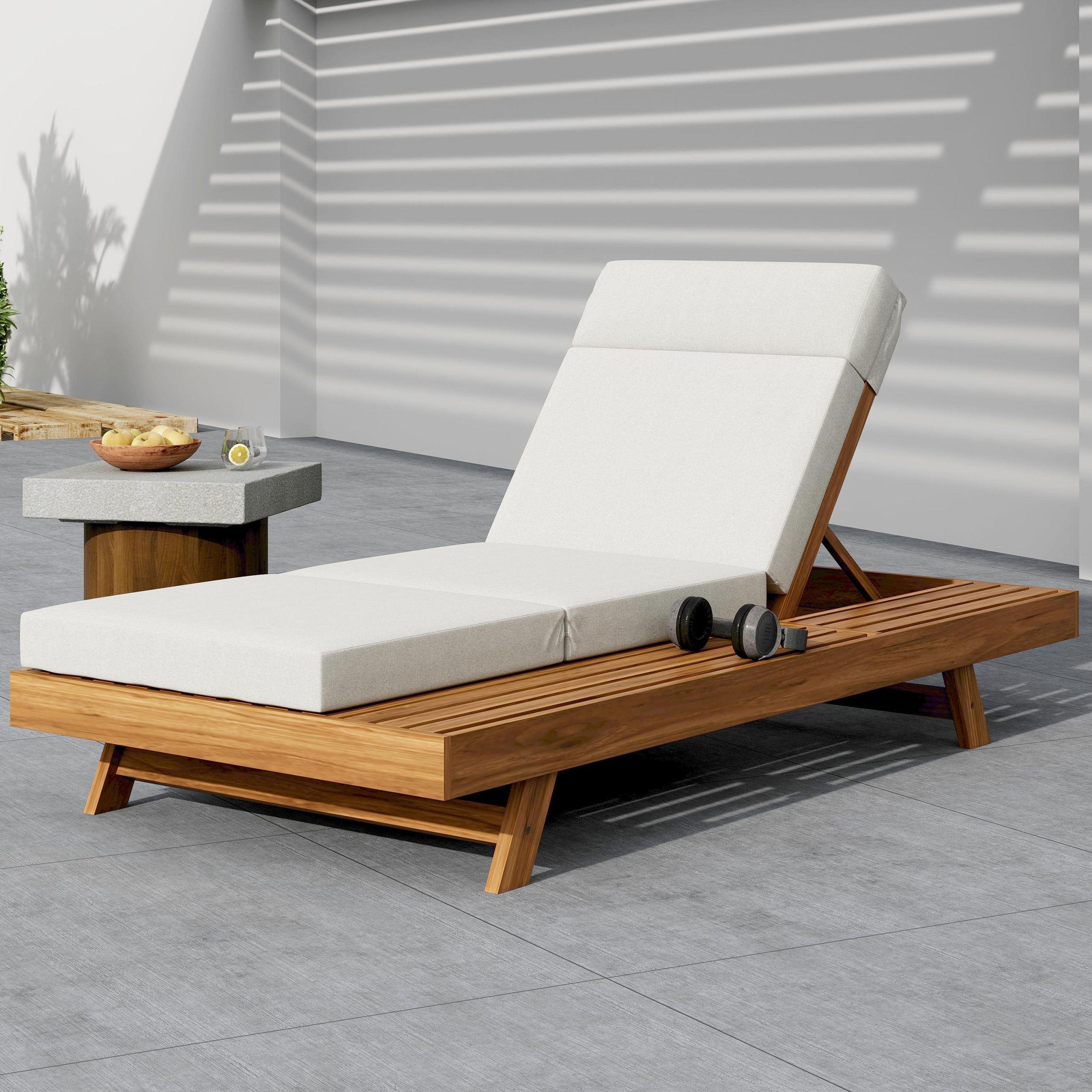 LOUNGE CHAISE SET WITH HEADREST,SPACE AVAILABLE ON ONE SIDE, ACACIA WOOD WITH WATER-RESISTANT LOUNGE CUSHIONS (CREAM & 3-FOLD & 4 inch) – MATCHING DARK GREY/BEIGE VERSION AVAILABLE