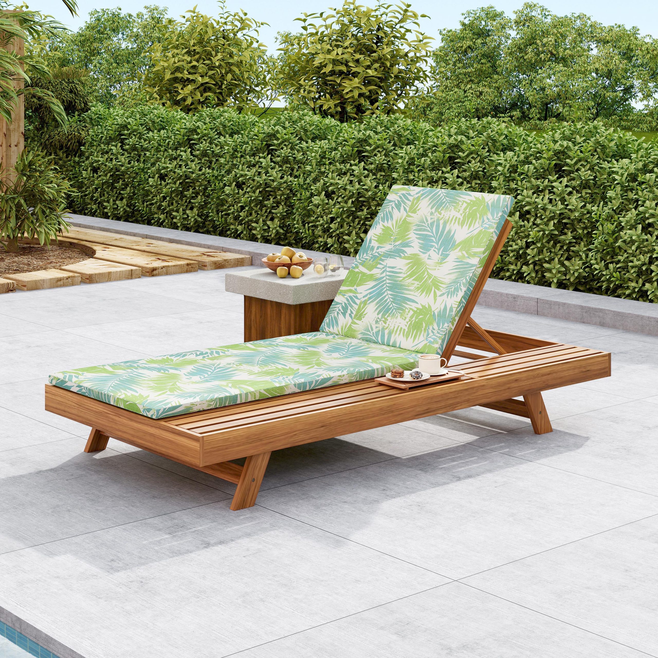 LOUNGE CHAISE SET, SPACE AVAILABLE ON ONE SIDE,ACACIA WOOD WITH WATER-RESISTANT LOUNGE CUSHIONS (LEAF COCONUT & 2 INCH THICK) – MATCHING CREAM/Dark Grey  VERSION AVAILABLE