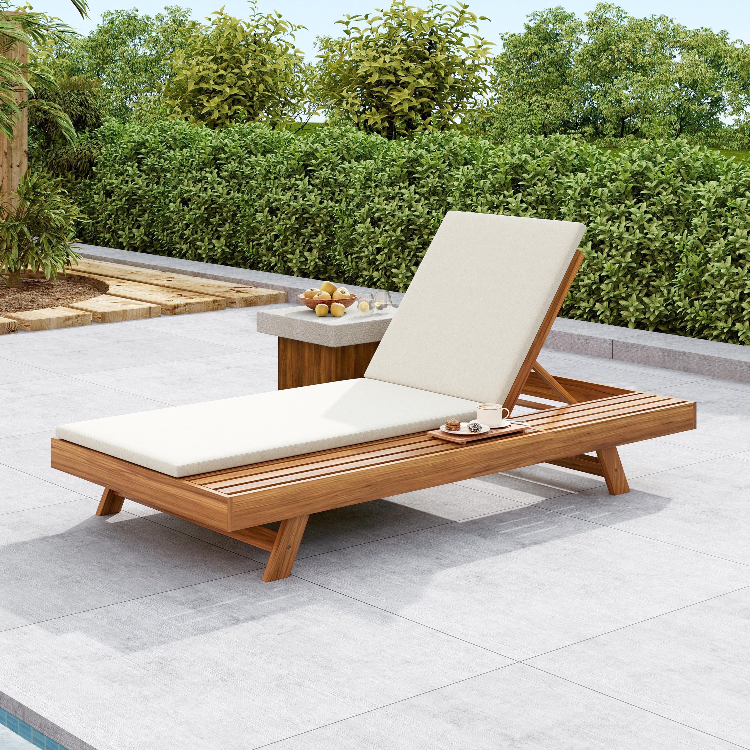 LOUNGE CHAISE SET,SPACE AVAILABLE ON ONE SIDE, ACACIA WOOD WITH WATER-RESISTANT LOUNGE CUSHIONS (CREAM & 2 INCH THICK) – MATCHING DARK GREY/LEAF COCONUT VERSION AVAILABLE