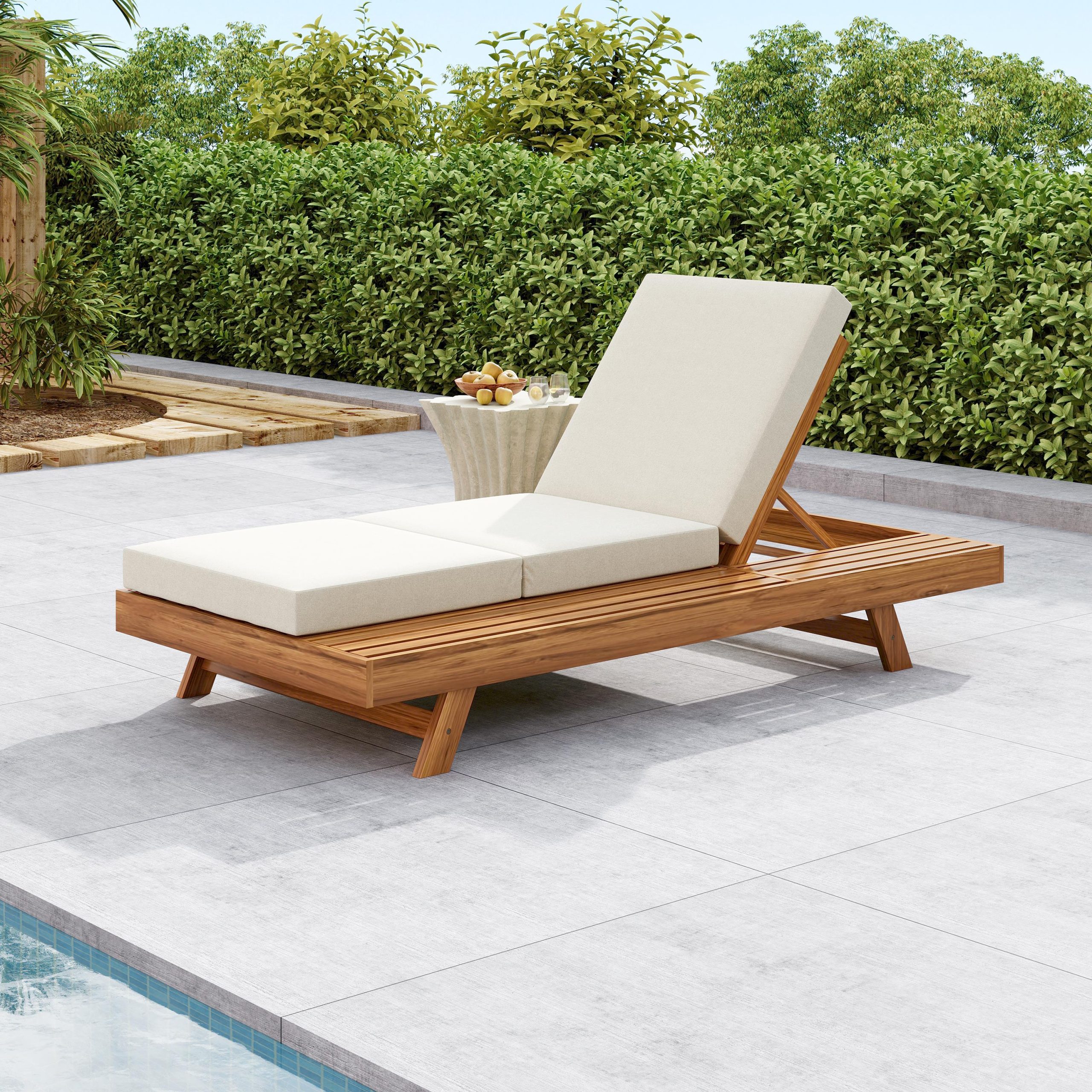 LOUNGE CHAISE SET, SPACE AVAILABLE ON ONE SIDE,ACACIA SOLID WOOD WITH LOUNGE CUSHION (CREAM & TRIPLE FOLD) – MATCHING DARK GREY VERSION AVAILABLE