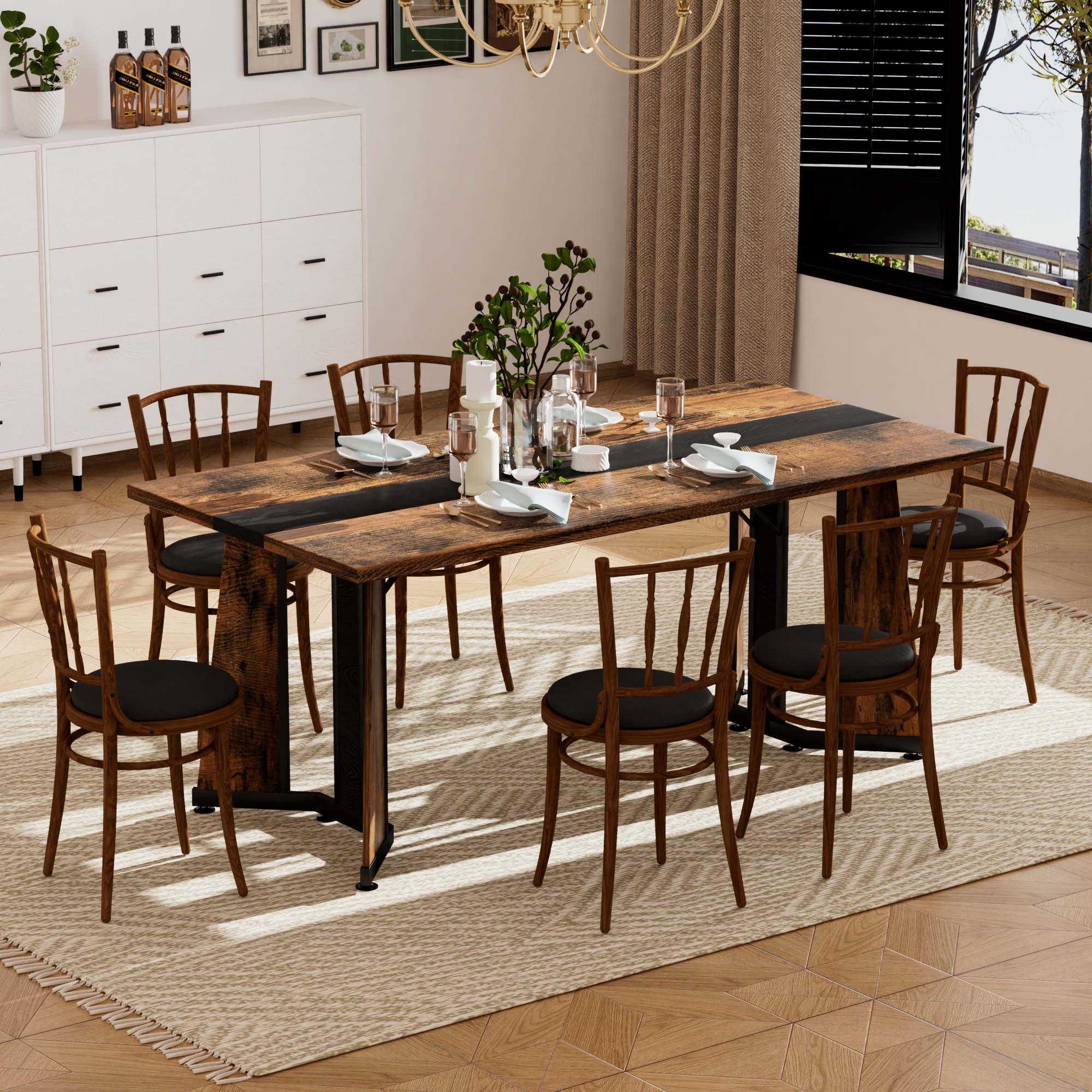70.9″Rectangular Large Dining Table, Waterproof Large Desk for 8 People, Deluxe Family Dining Table with Adjustable Legs for Kitchen,Living Room,Office, Rustic Brown,70.9”W x 35.4”D x 30.3”H