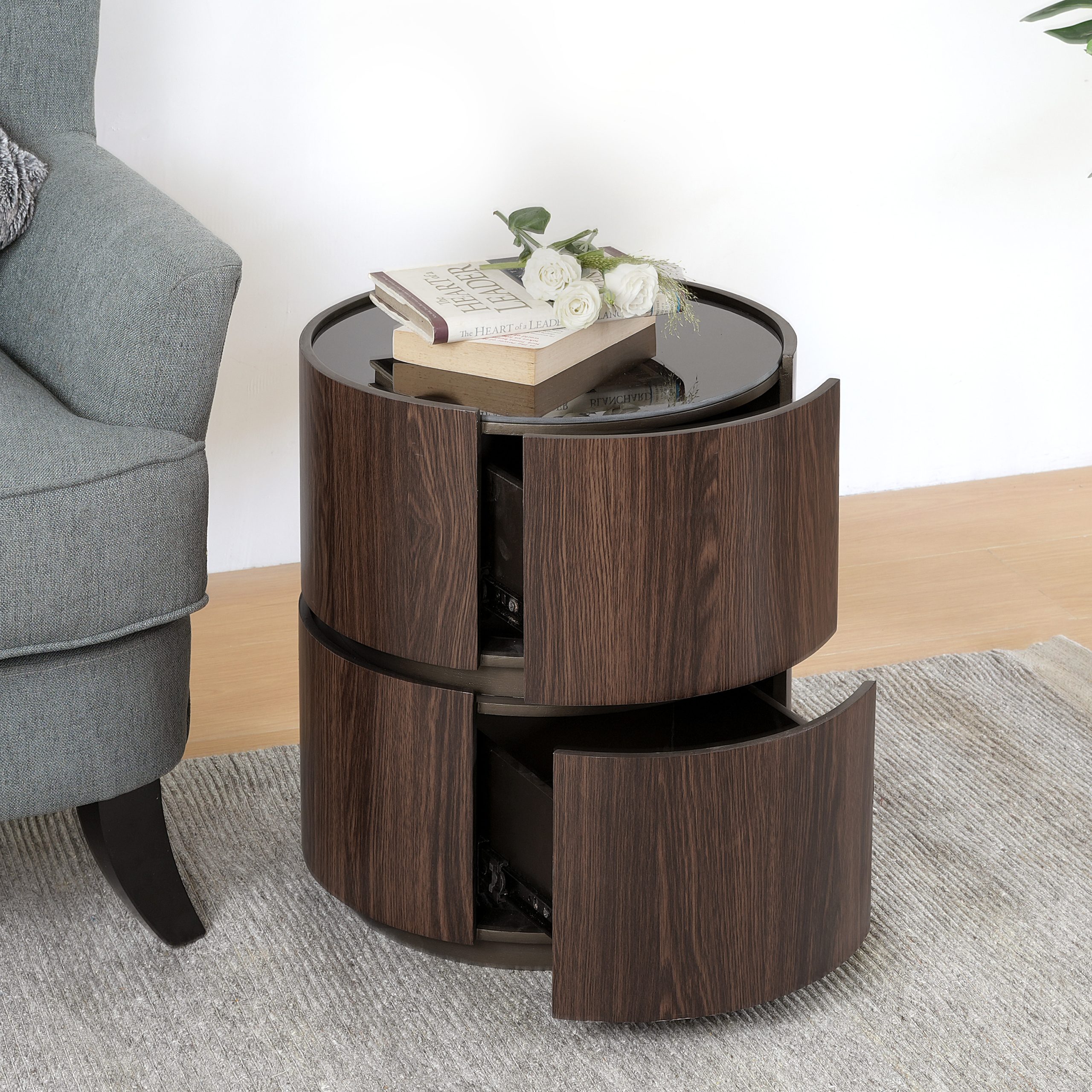MDF ITALIAN HIGH-GRADE DOUBLE-LAYER STORAGE ROUND SIDE TABLE, BROWN AND BLACK COLOR