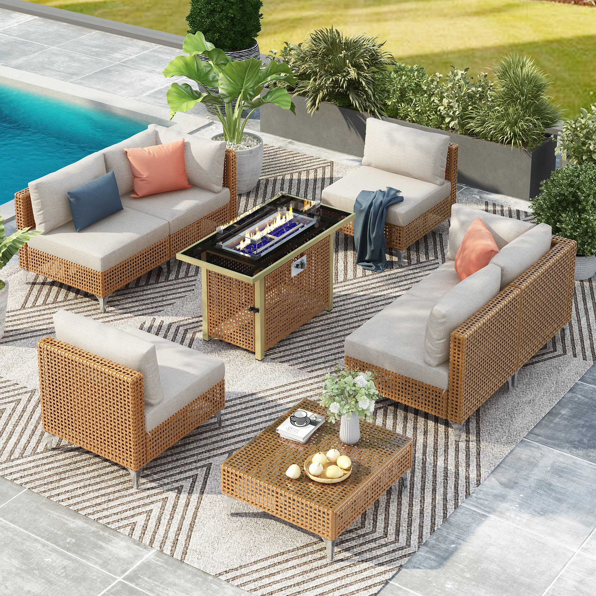K&K patio 8-Piece Patio Furniture Set with 43″ Fire Pit Table, Outdoor Conversation Set & 60,000 BTU 43 Inch Rectangle Propane Fire Pit with Water Resistant Beige Thick Cushions, Beige
