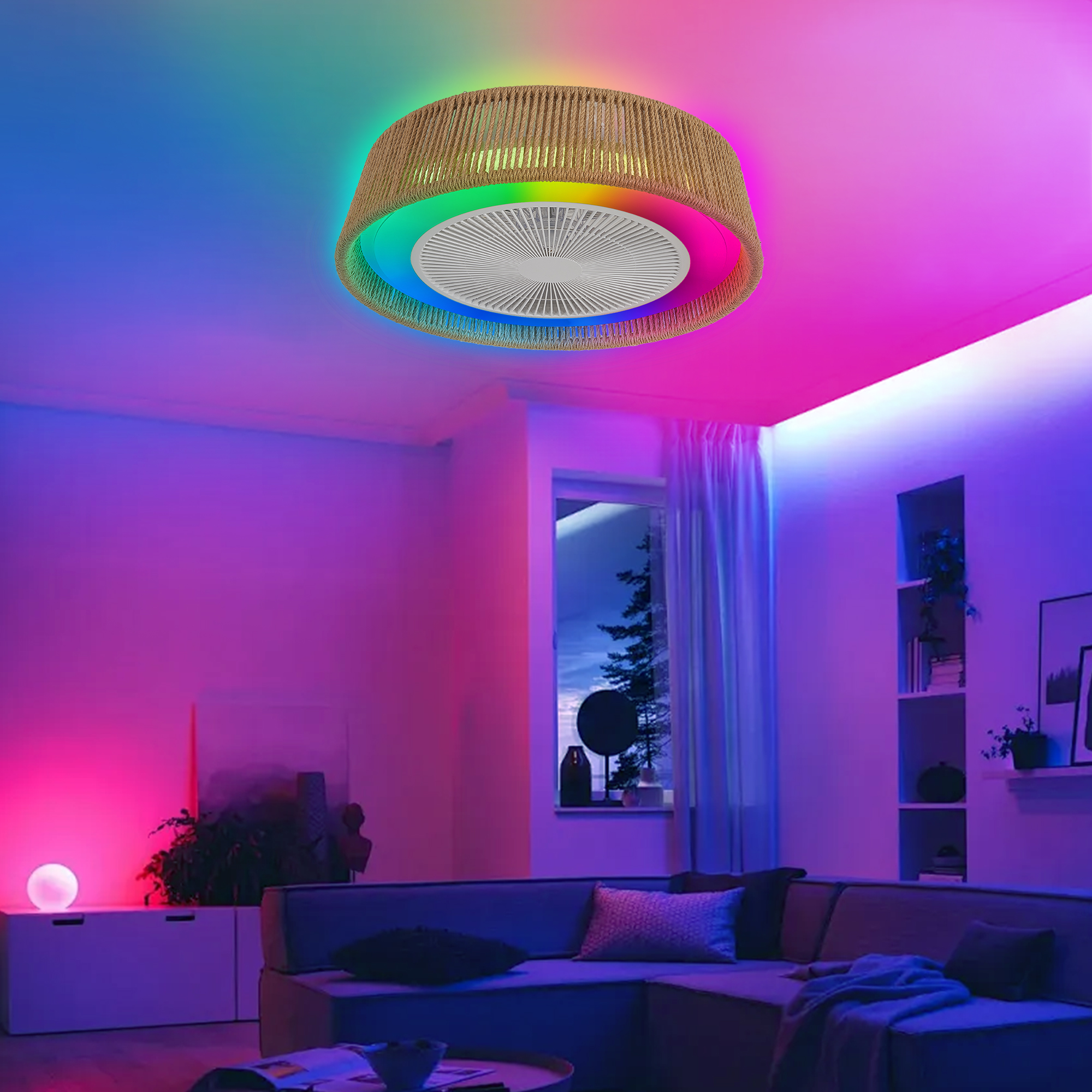 21″ Modern Rustic Ceiling Fan Light with LED RGB Mood Lighting, Rope Woven Design, Quiet Fan, Semi Flush Mount for Bedroom, Living Room, or Dining Room ((Silent/6-Speed/Reversible/DC Motor))